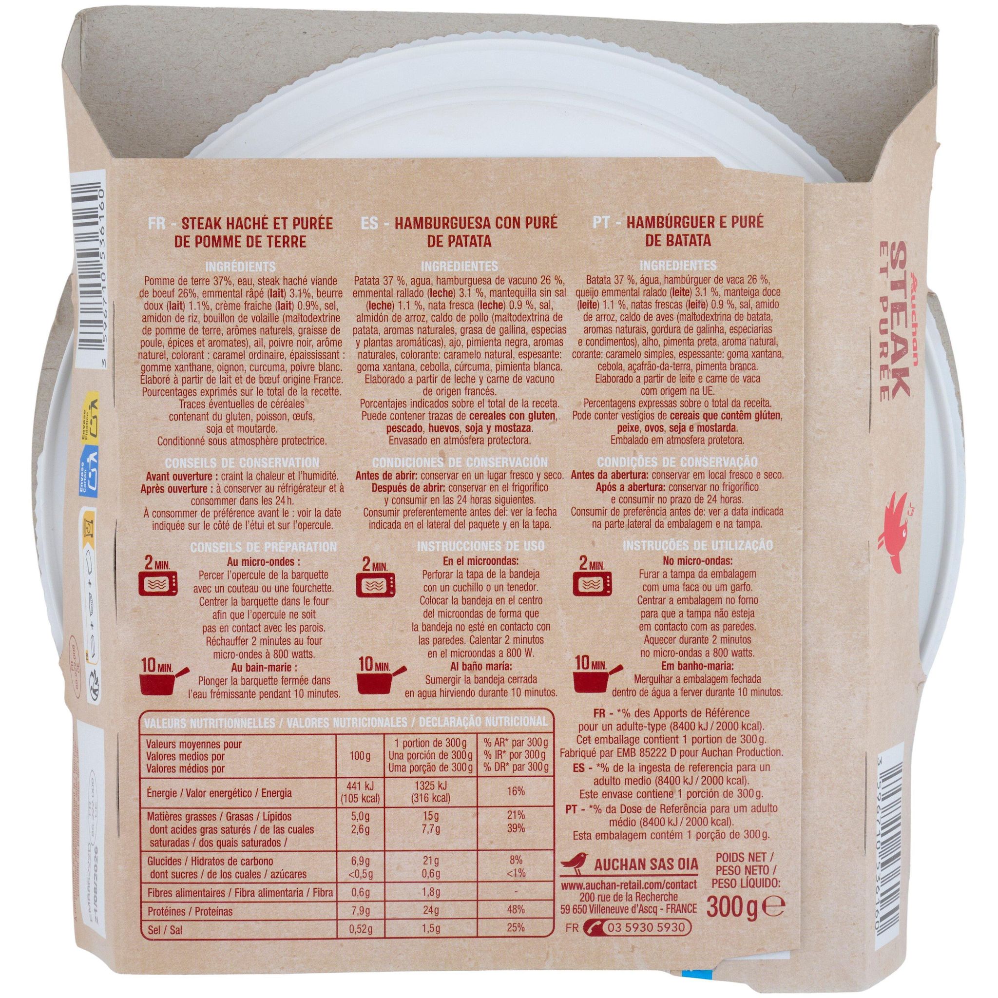 Voir la diapositive 2 : AUCHAN Steak et purée 300g
