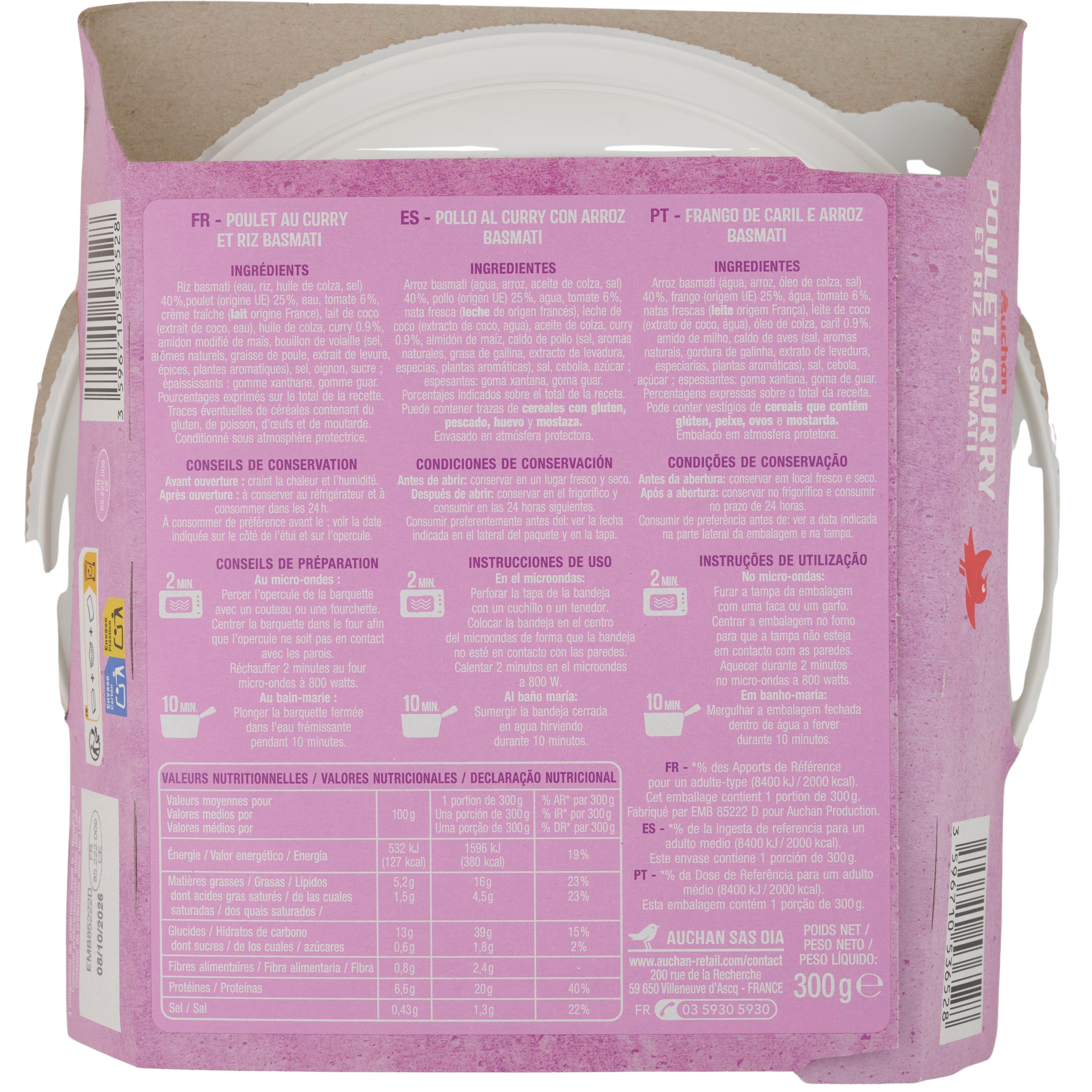Voir la diapositive 2 : AUCHAN Poulet sauce curry et riz basmati 1 portion 300g