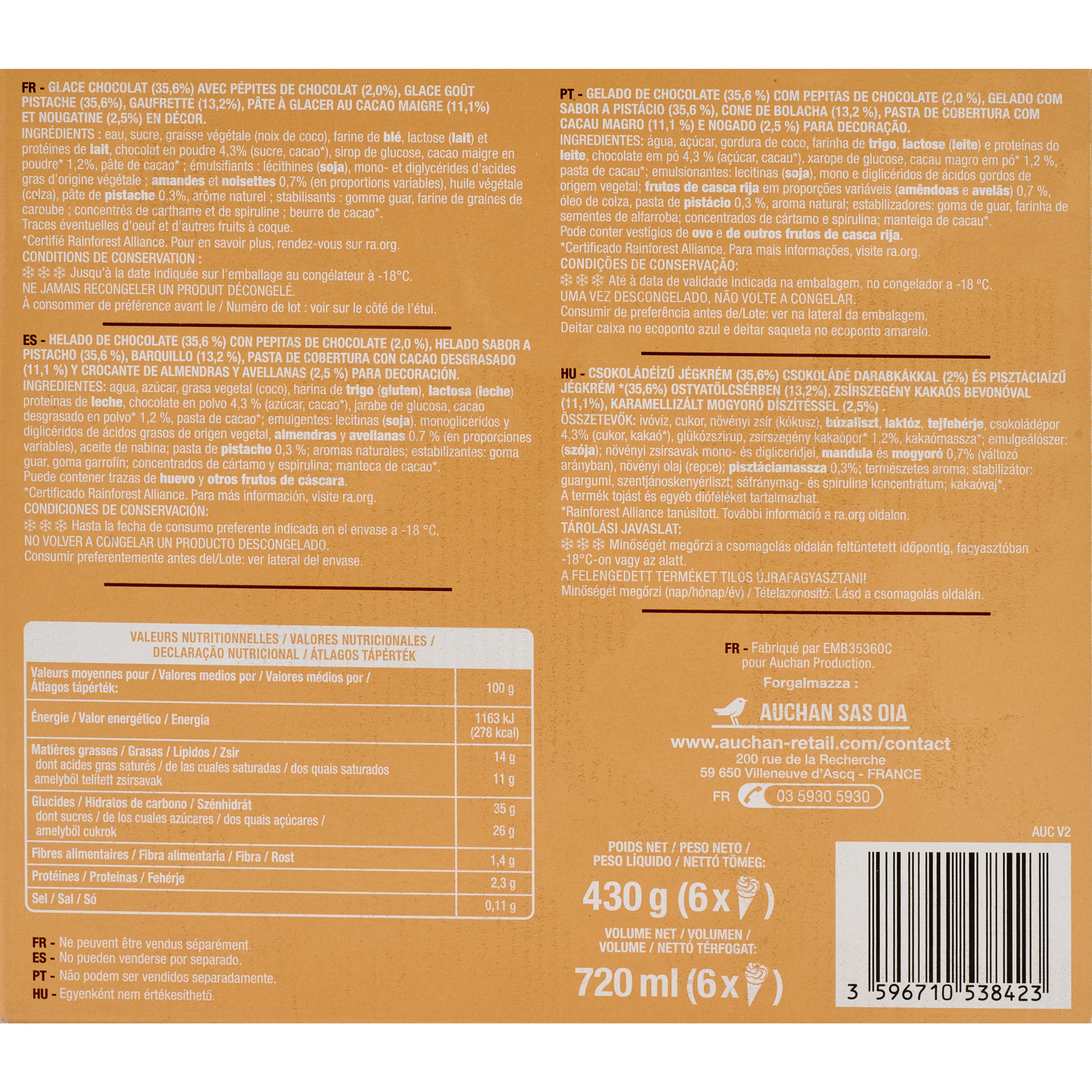 Voir la diapositive 2 : AUCHAN Cônes glacés chocolat pistache 6 pièces 430g