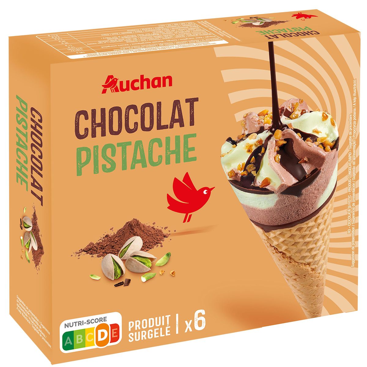 AUCHAN Cônes glacés chocolat pistache 6 pièces 430g