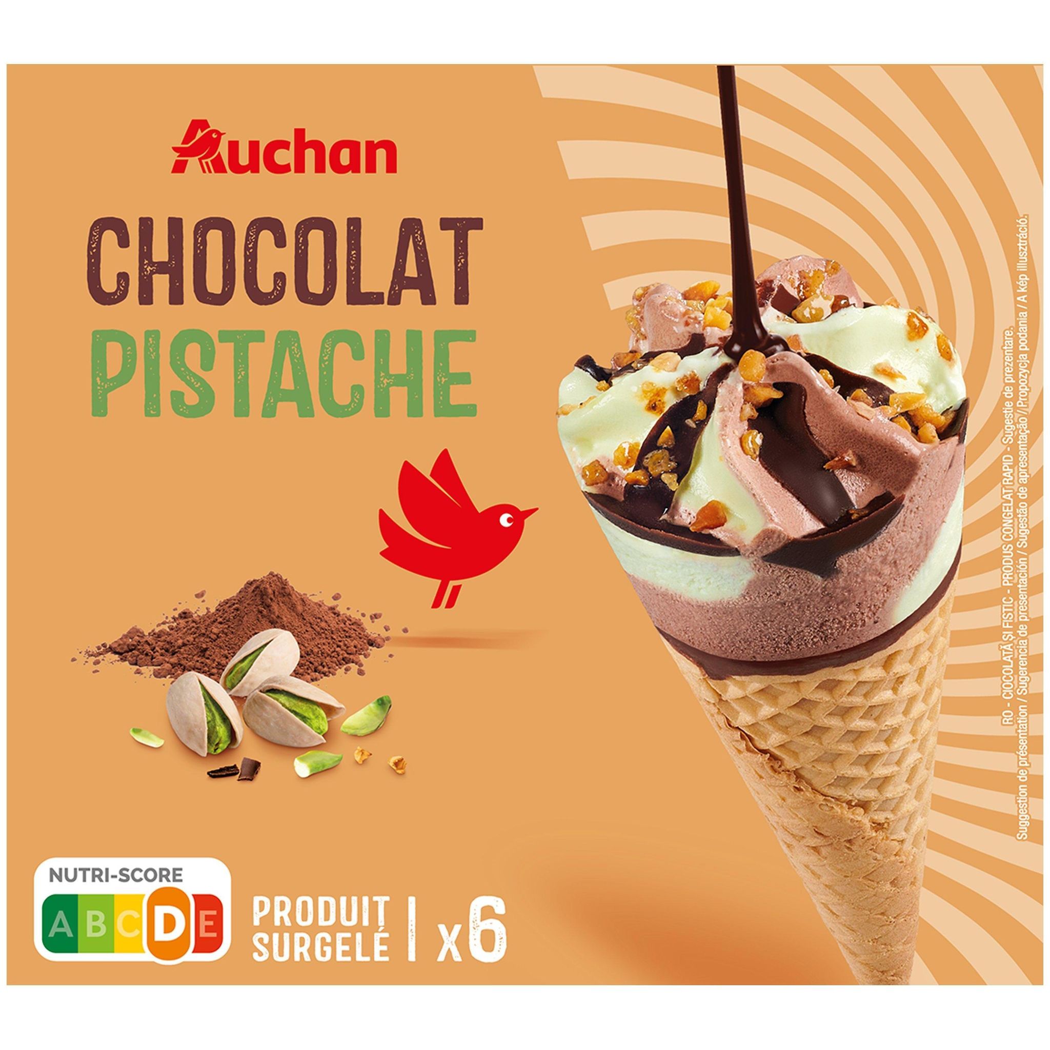 Voir la diapositive 2 : AUCHAN Cônes glacés chocolat pistache 6 pièces 430g