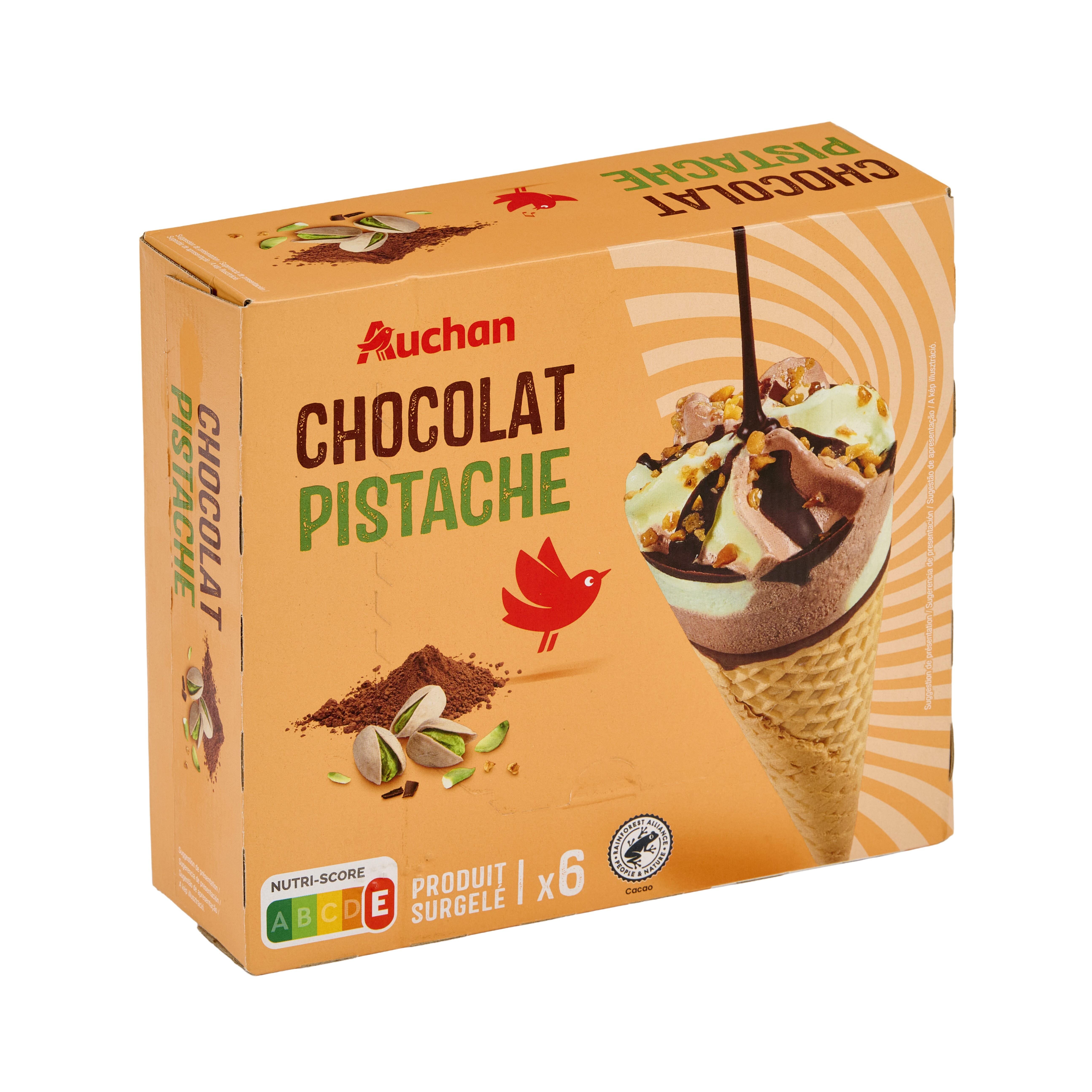 Voir la diapositive 3 : AUCHAN Cônes glacés chocolat pistache 6 pièces 430g