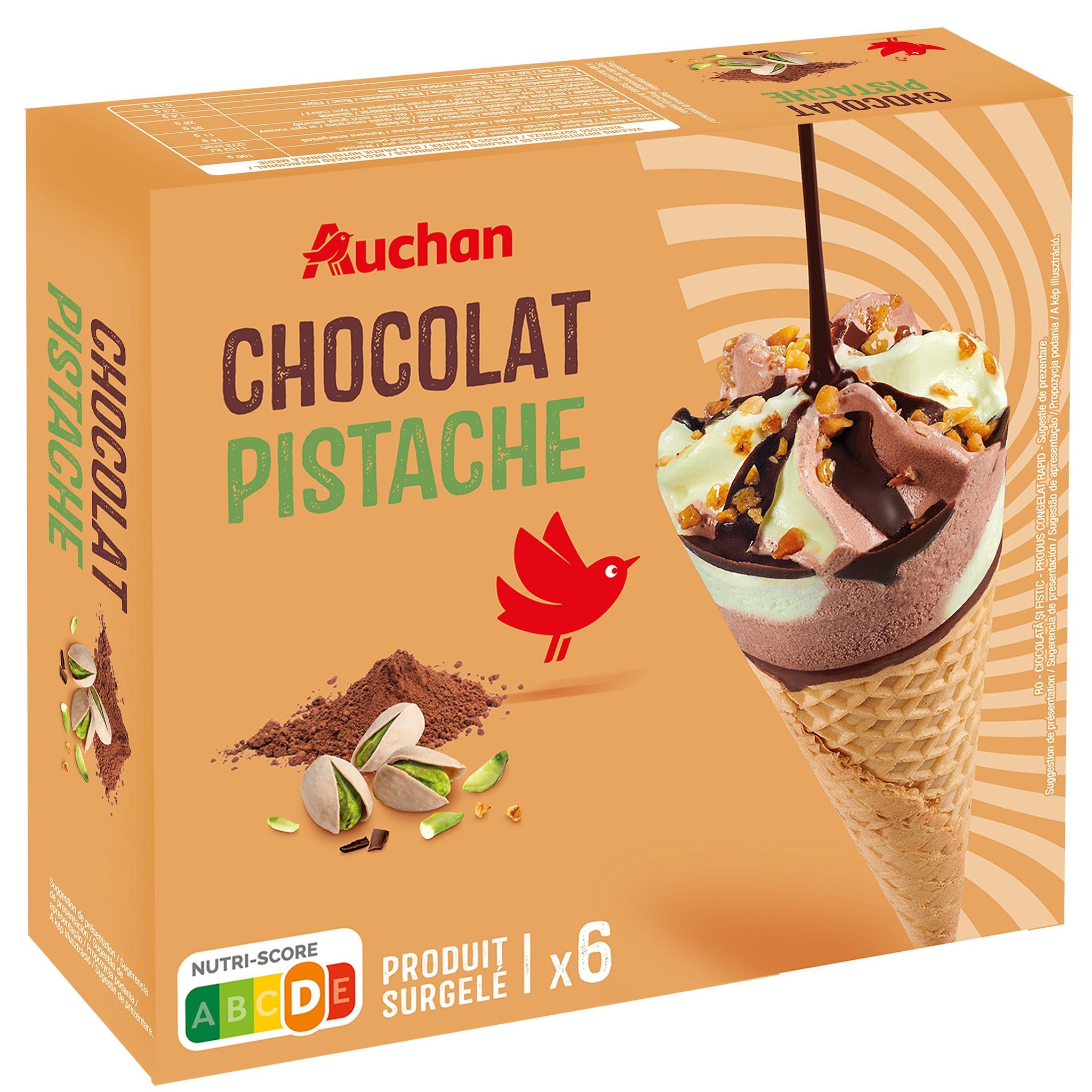 Voir la diapositive 3 : AUCHAN Cônes glacés chocolat pistache 6 pièces 430g