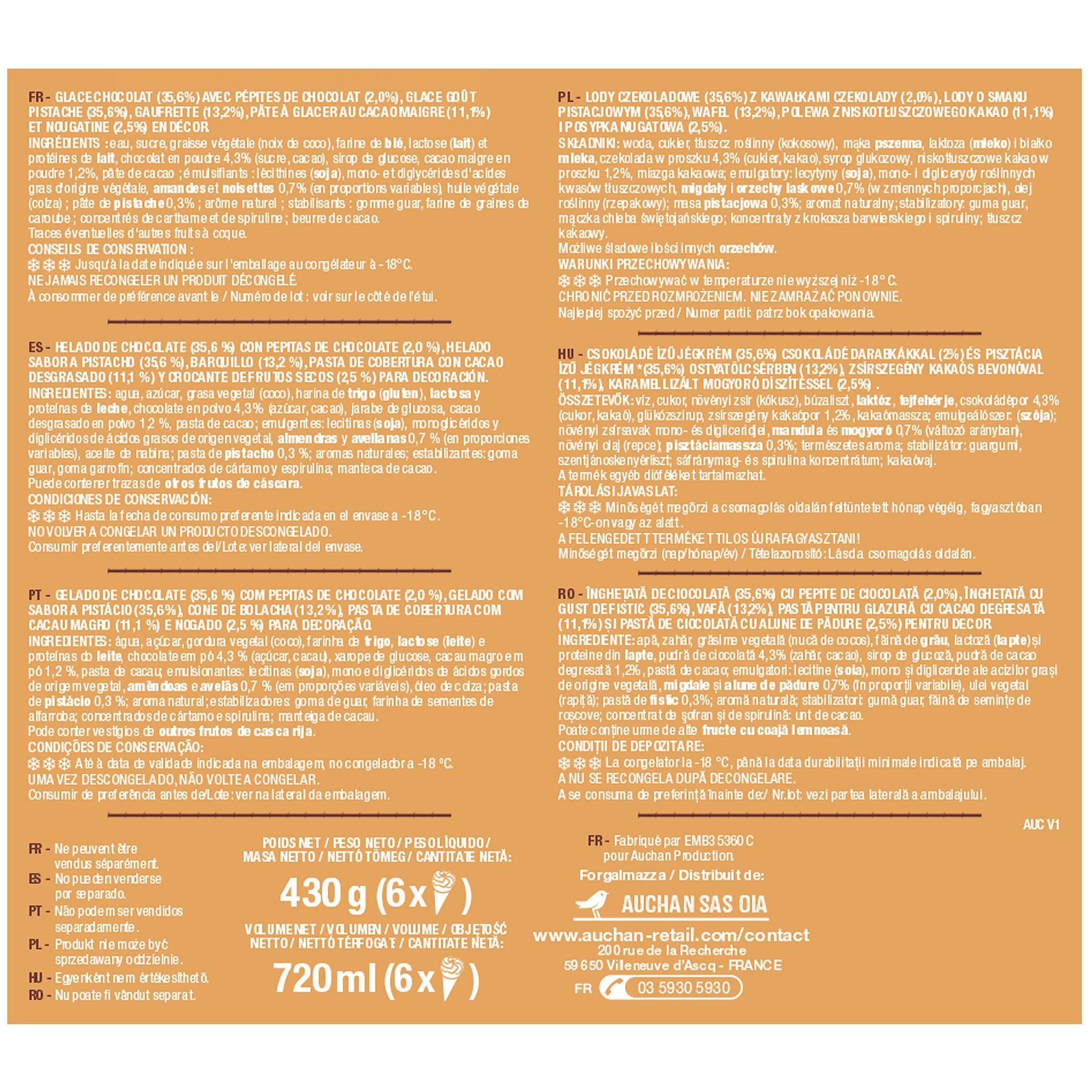 Voir la diapositive 4 : AUCHAN Cônes glacés chocolat pistache 6 pièces 430g