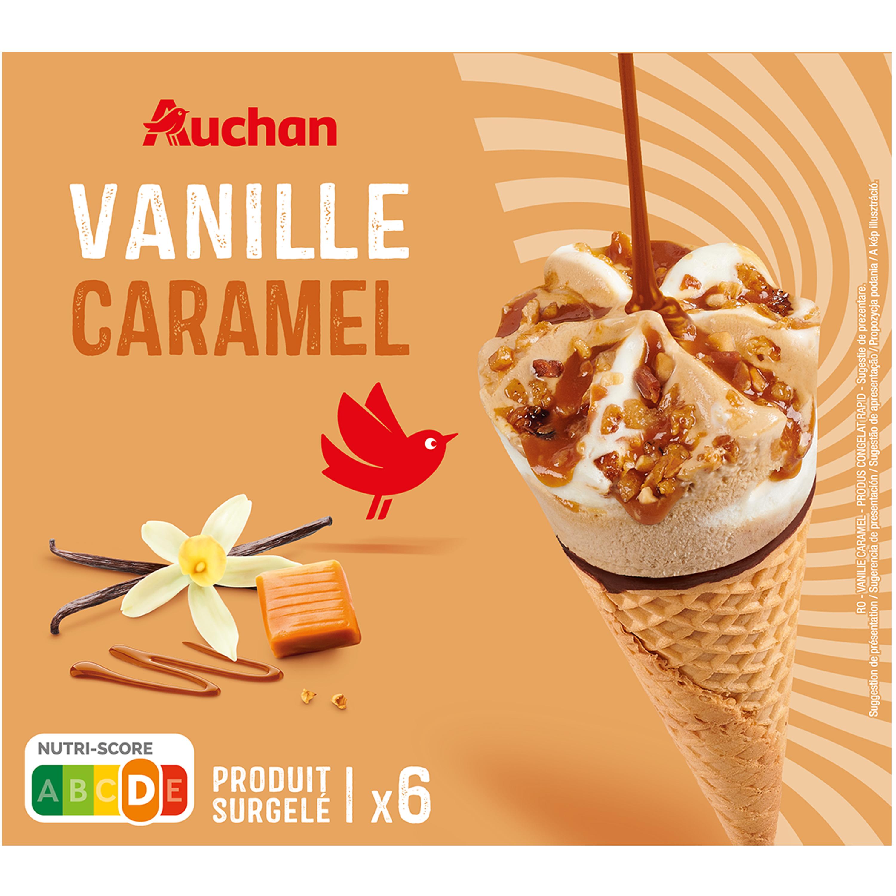 Voir la diapositive 2 : AUCHAN Cônes glacés vanille caramel 6 pièces 420g