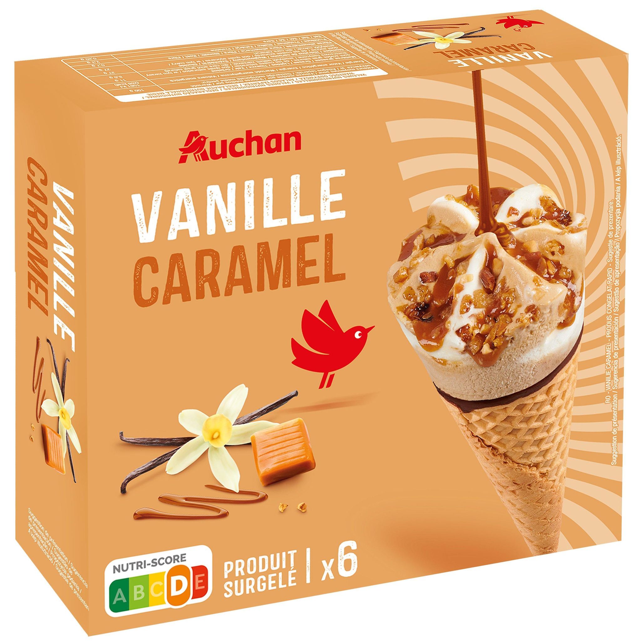 Voir la diapositive 2 : AUCHAN Cônes glacés vanille caramel 6 pièces 420g