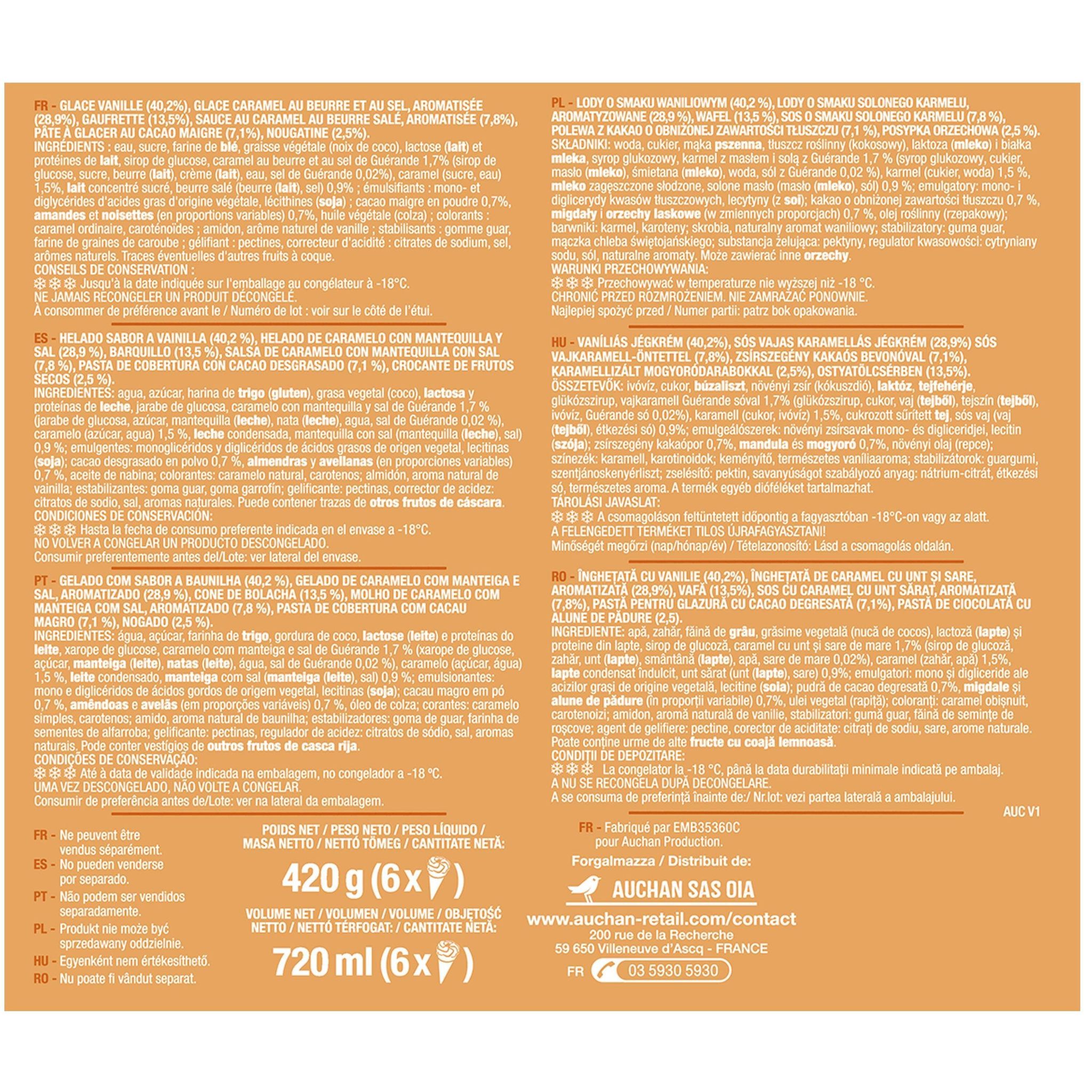 Voir la diapositive 3 : AUCHAN Cônes glacés vanille caramel 6 pièces 420g