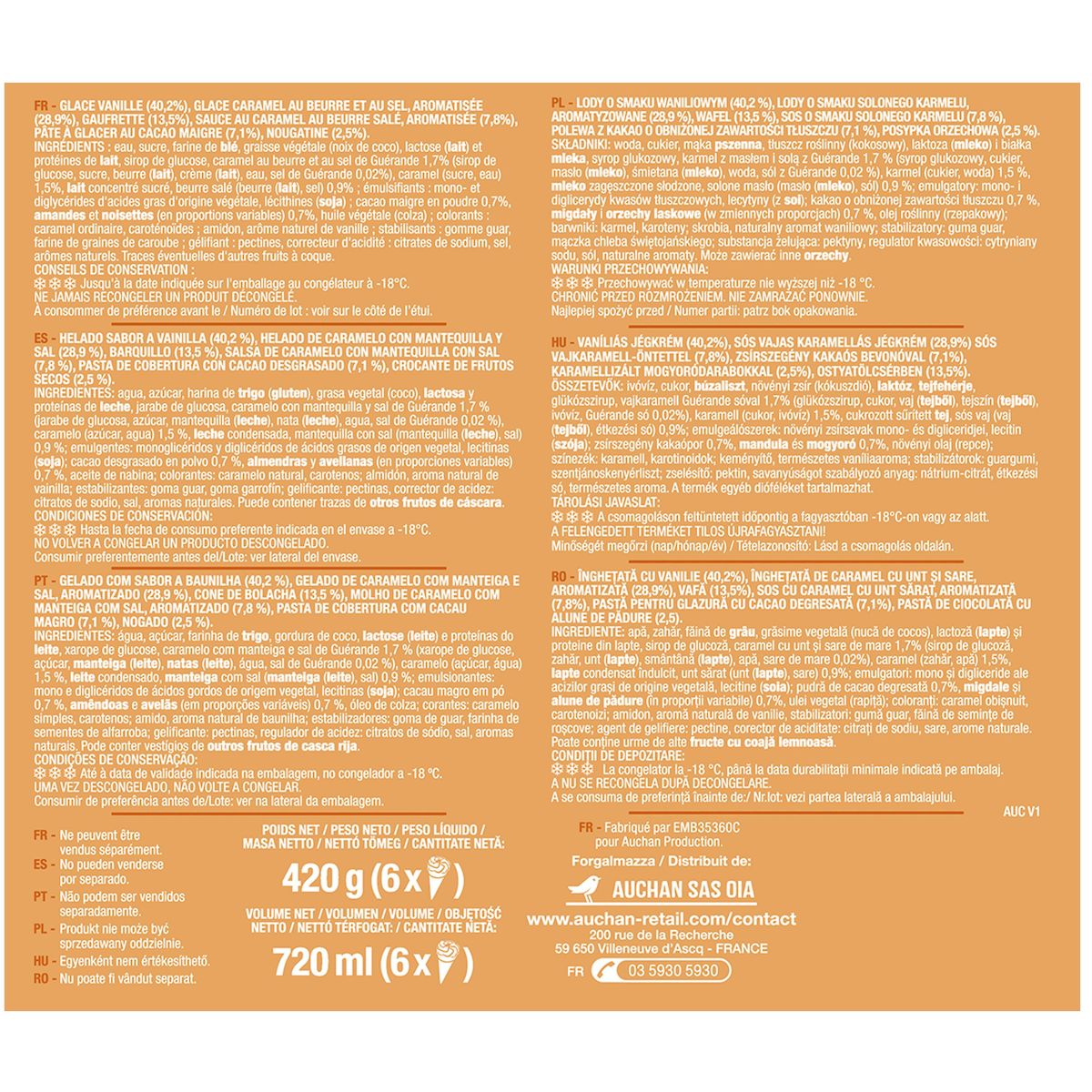 AUCHAN Cônes glacés vanille caramel 6 pièces 420g