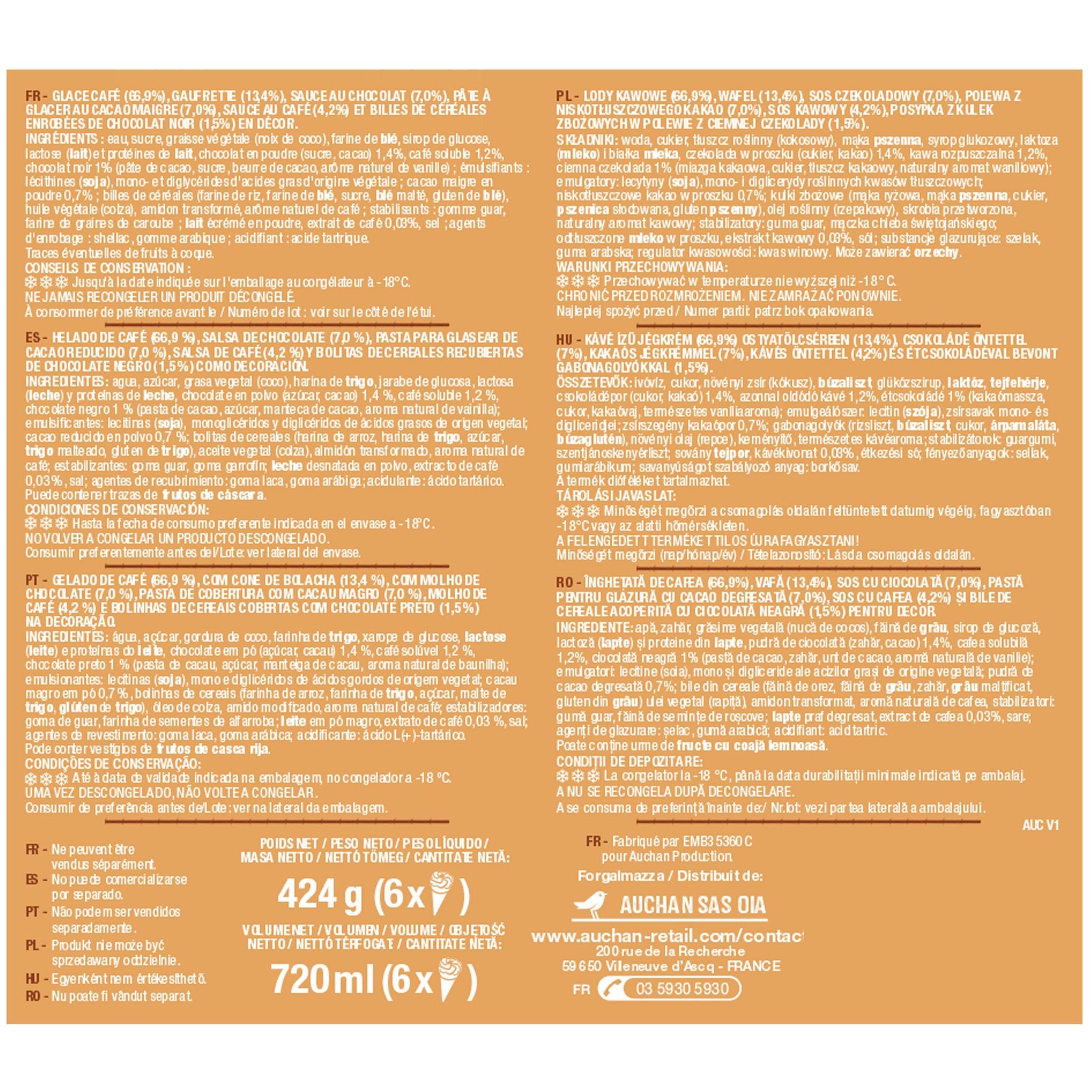 Voir la diapositive 2 : AUCHAN Cônes glacés café 6 pièces 424g
