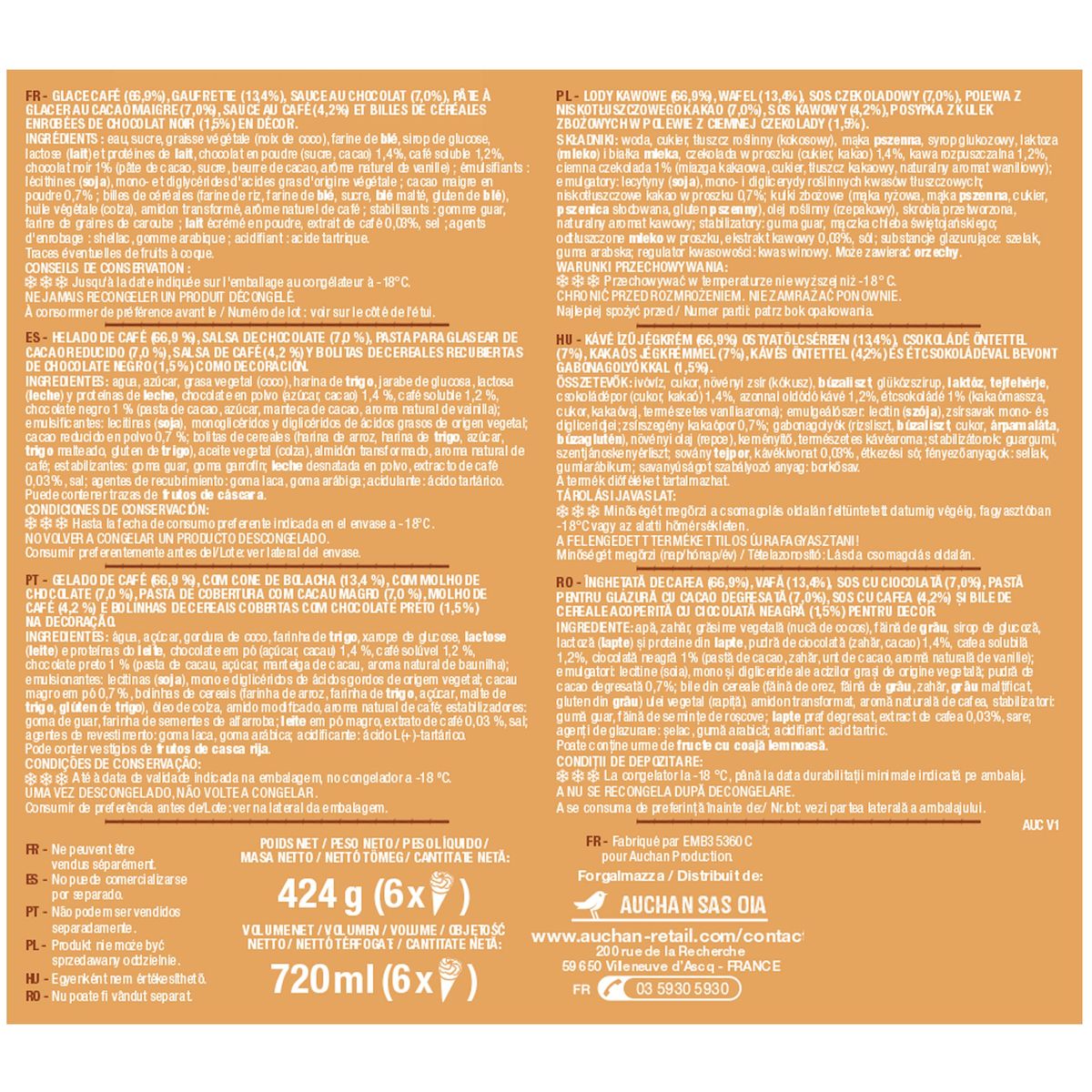 AUCHAN Cônes glacés café 6 pièces 424g