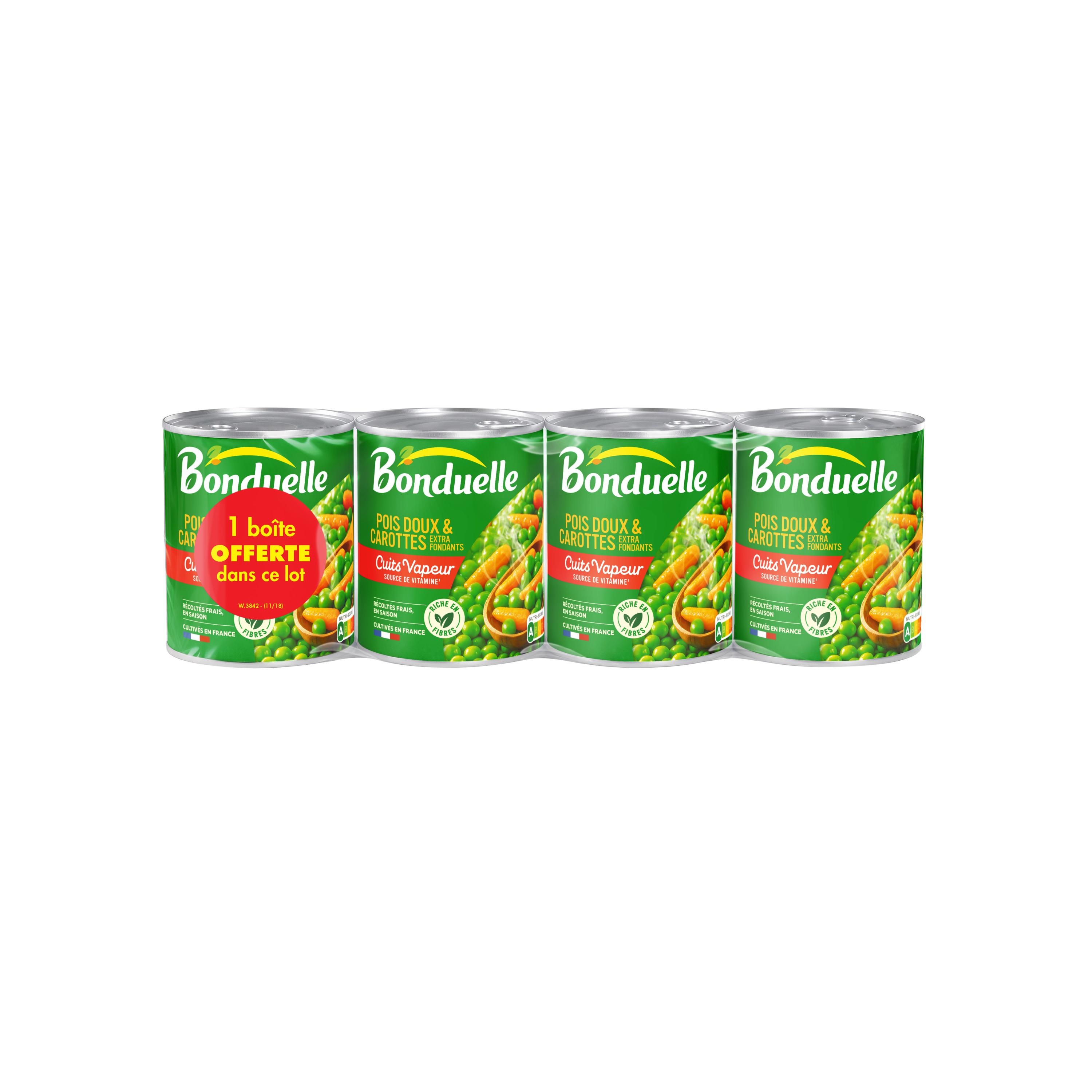 BONDUELLE Petits pois et carottes extra fondants cuits vapeur 3+1 offert 4x530g