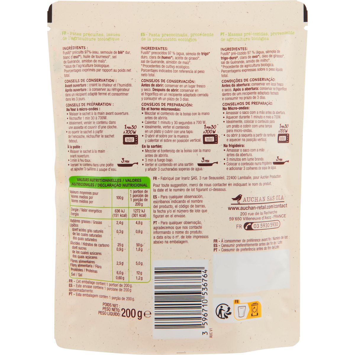 AUCHAN BIO Fusilli nature bio sachet express 200g