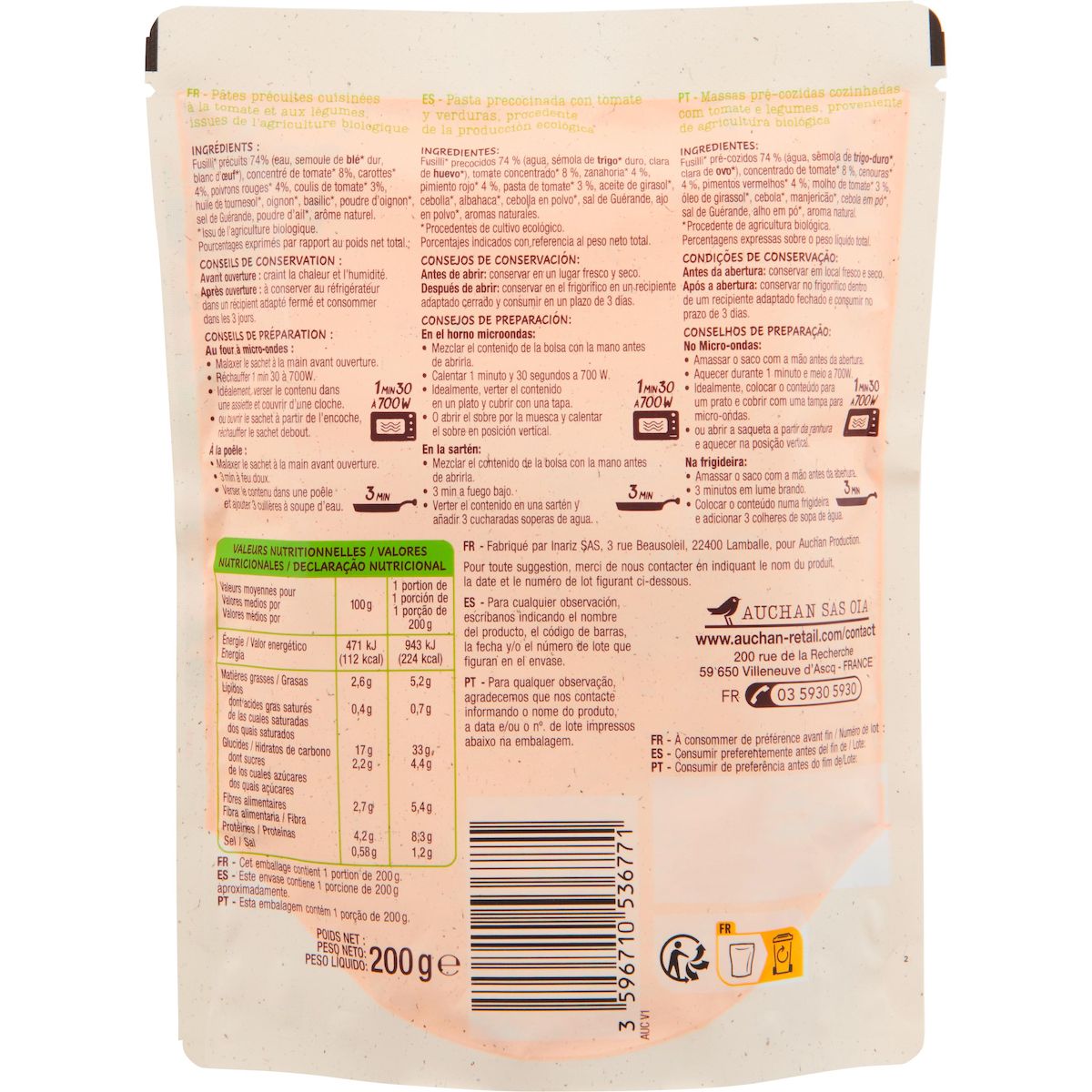 AUCHAN BIO Fusilli à la provençale 200g