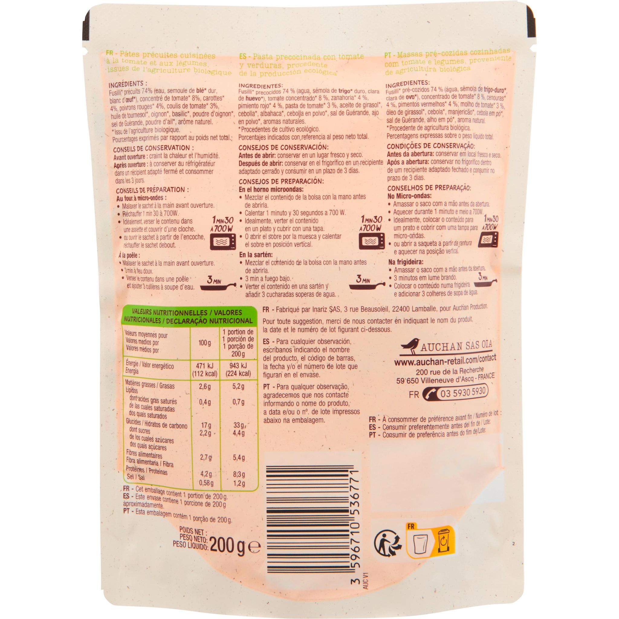 Voir la diapositive 2 : AUCHAN BIO Fusilli à la provençale 200g