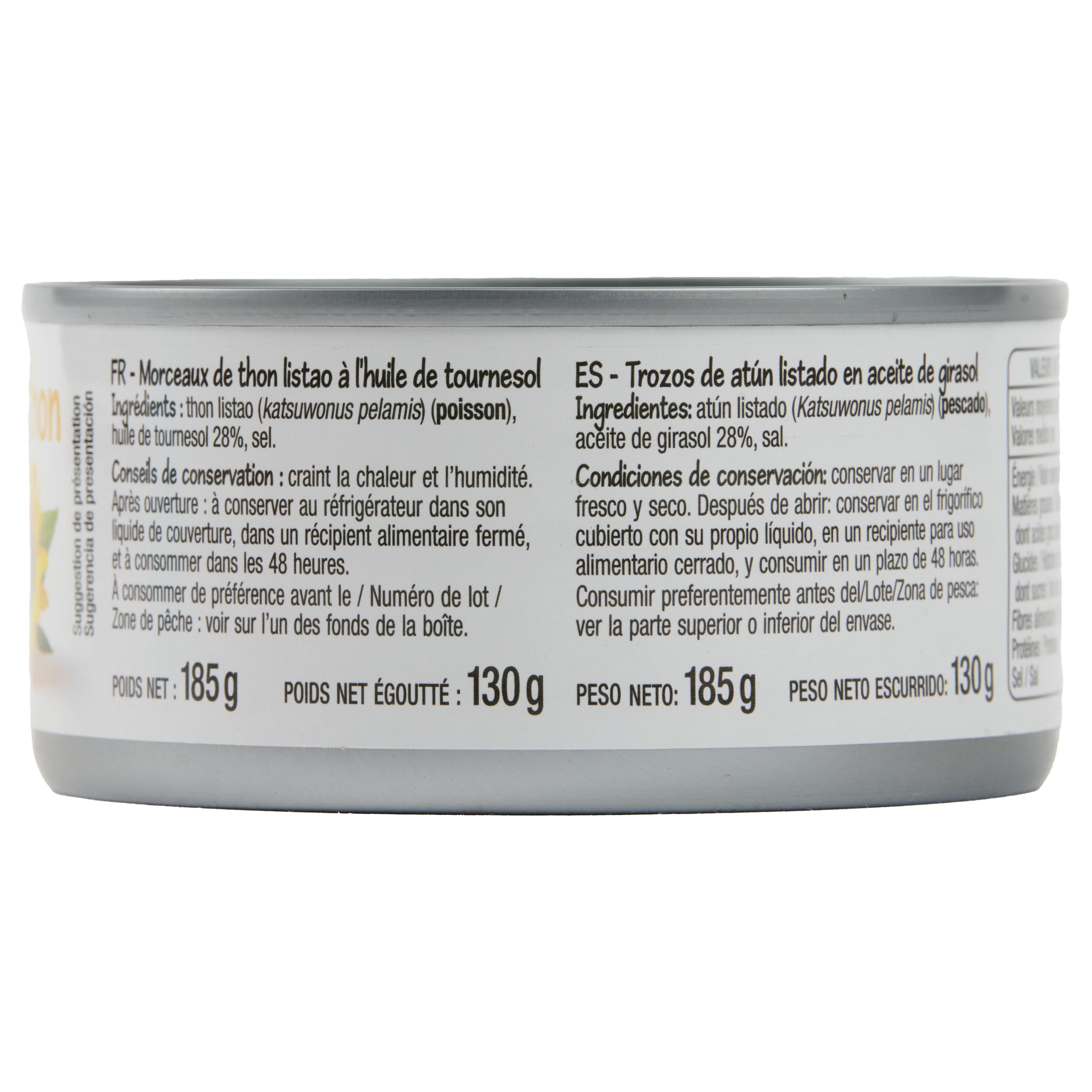 Voir la diapositive 2 : POUCE Morceaux de thon à l'huile de tournesol 185g
