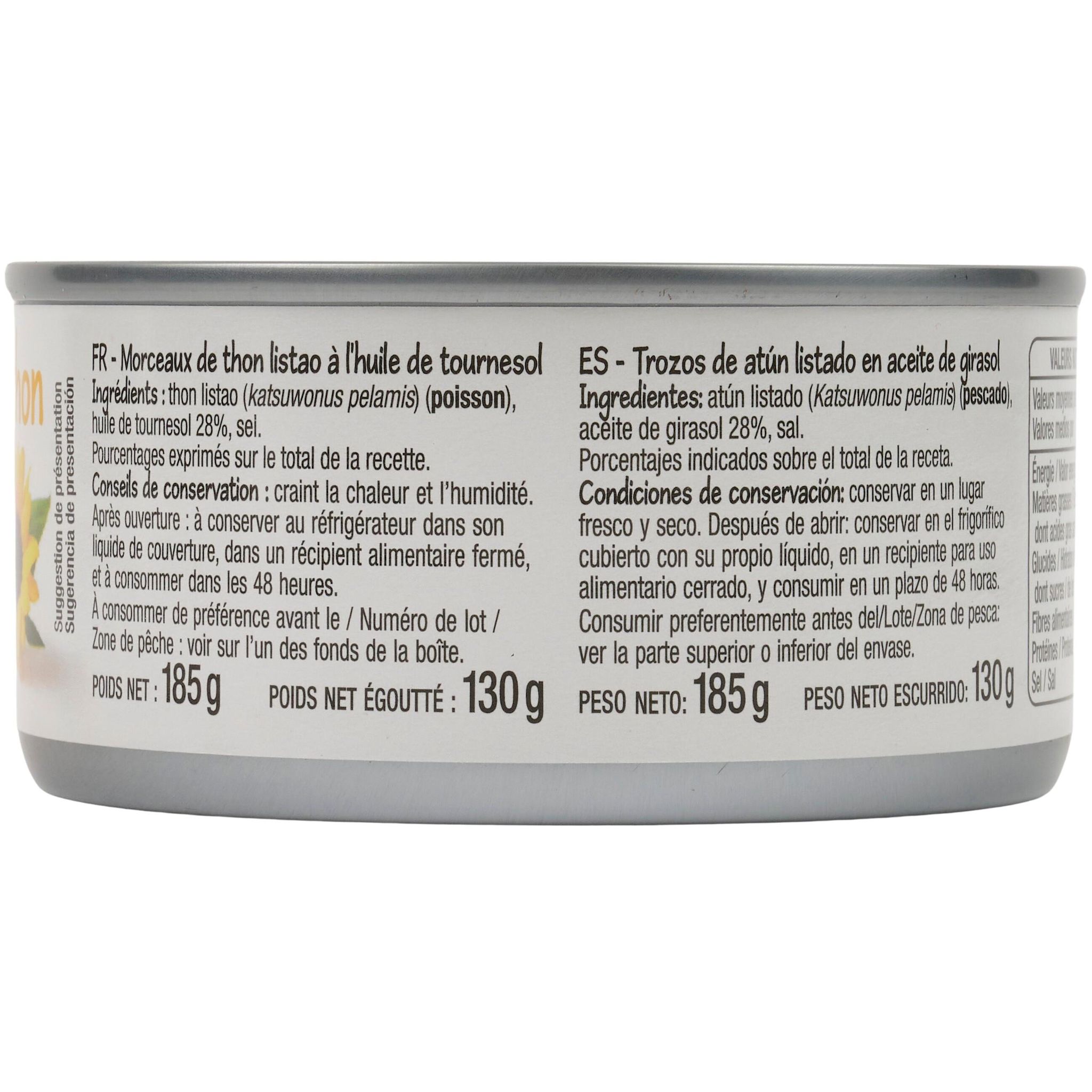 Voir la diapositive 2 : POUCE Morceaux de thon à l'huile de tournesol 185g