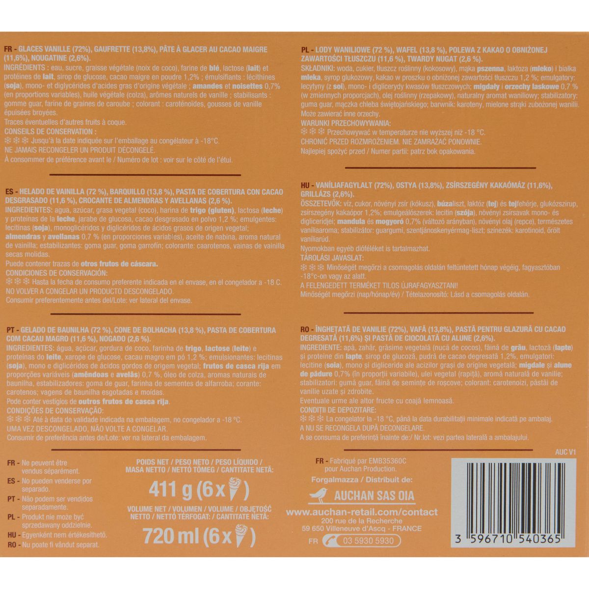 AUCHAN Cônes glacés vanille 6 pièces 411 g