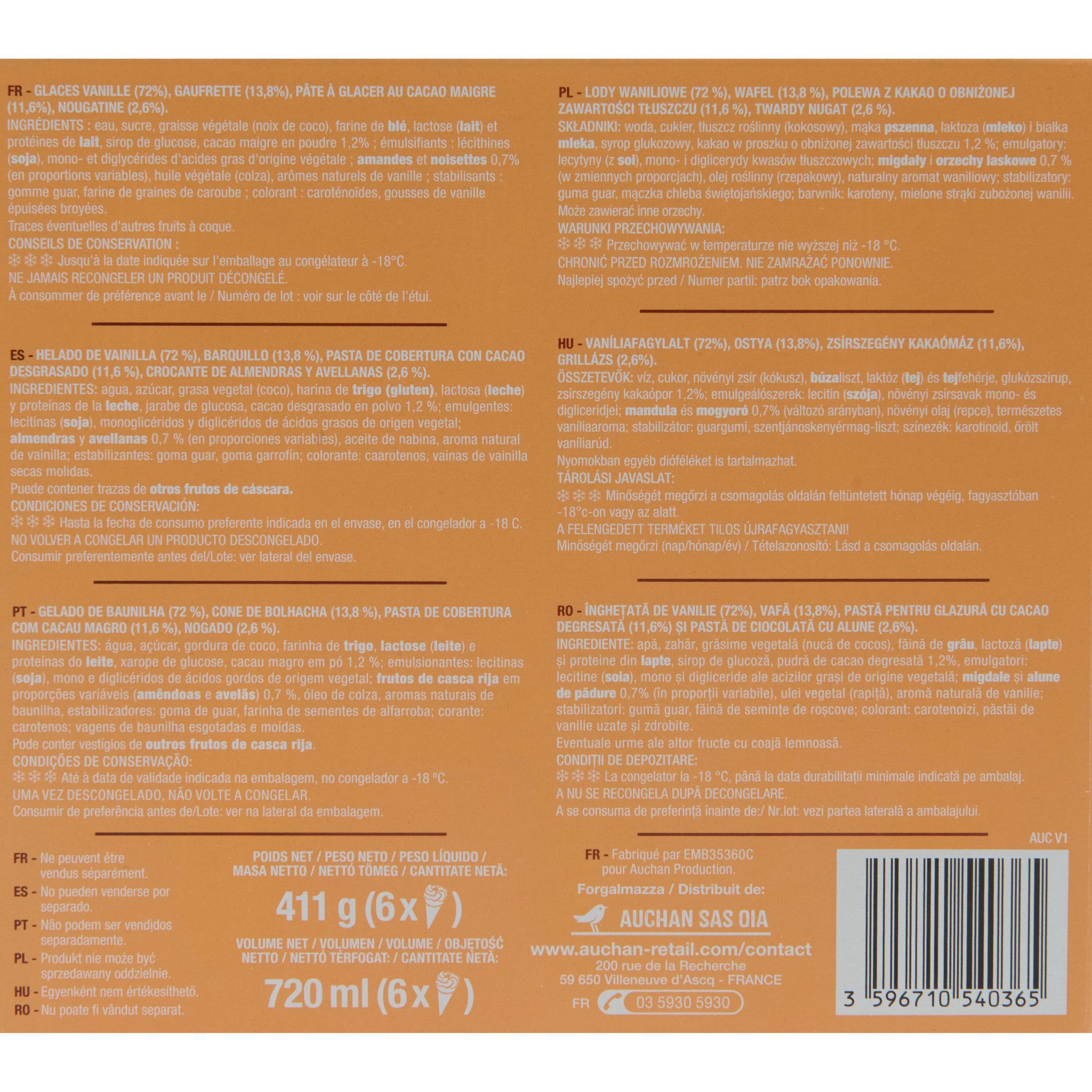 Voir la diapositive 3 : AUCHAN Cônes glacés vanille 6 pièces 411 g