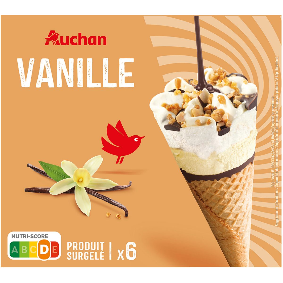 AUCHAN Cônes glacés vanille 6 pièces 411 g