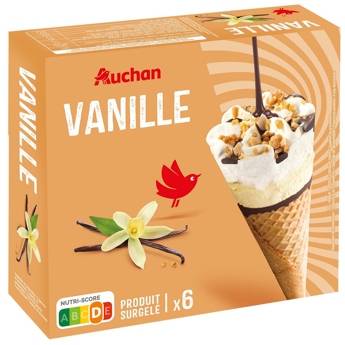 AUCHAN Cônes glacés vanille 6 pièces 411 g