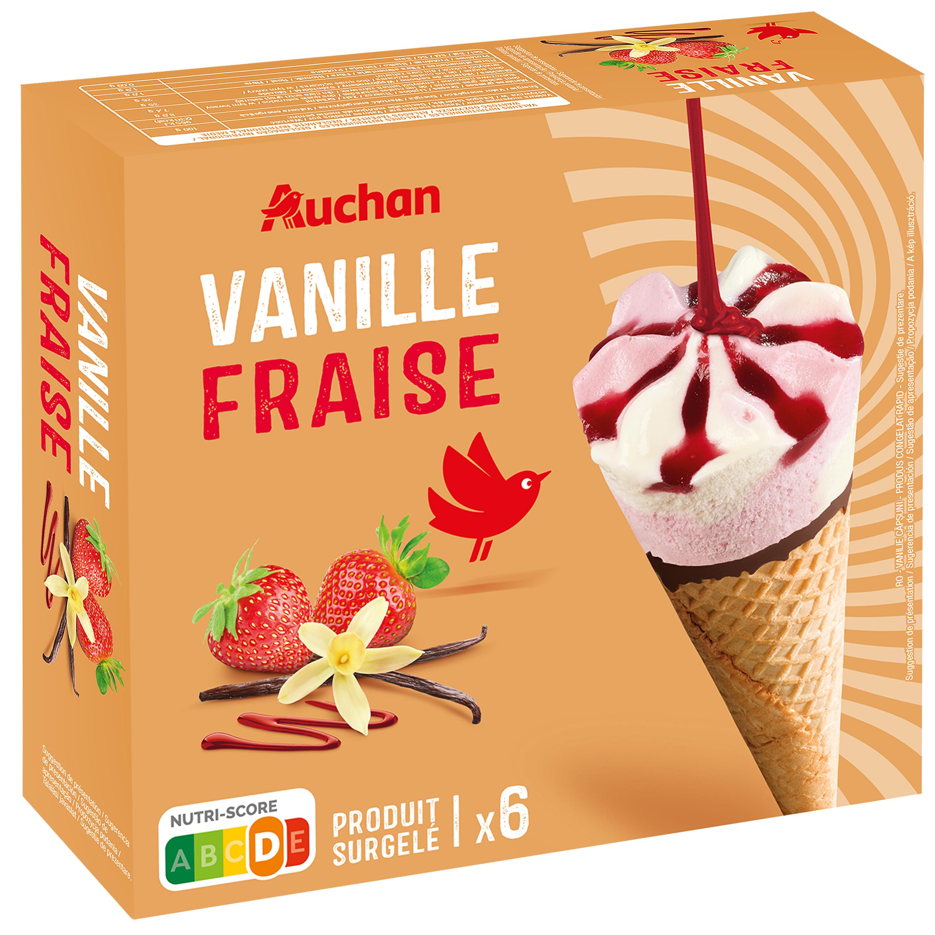 Voir la diapositive 3 : AUCHAN Cones vanille fraise 6 pieces 423g