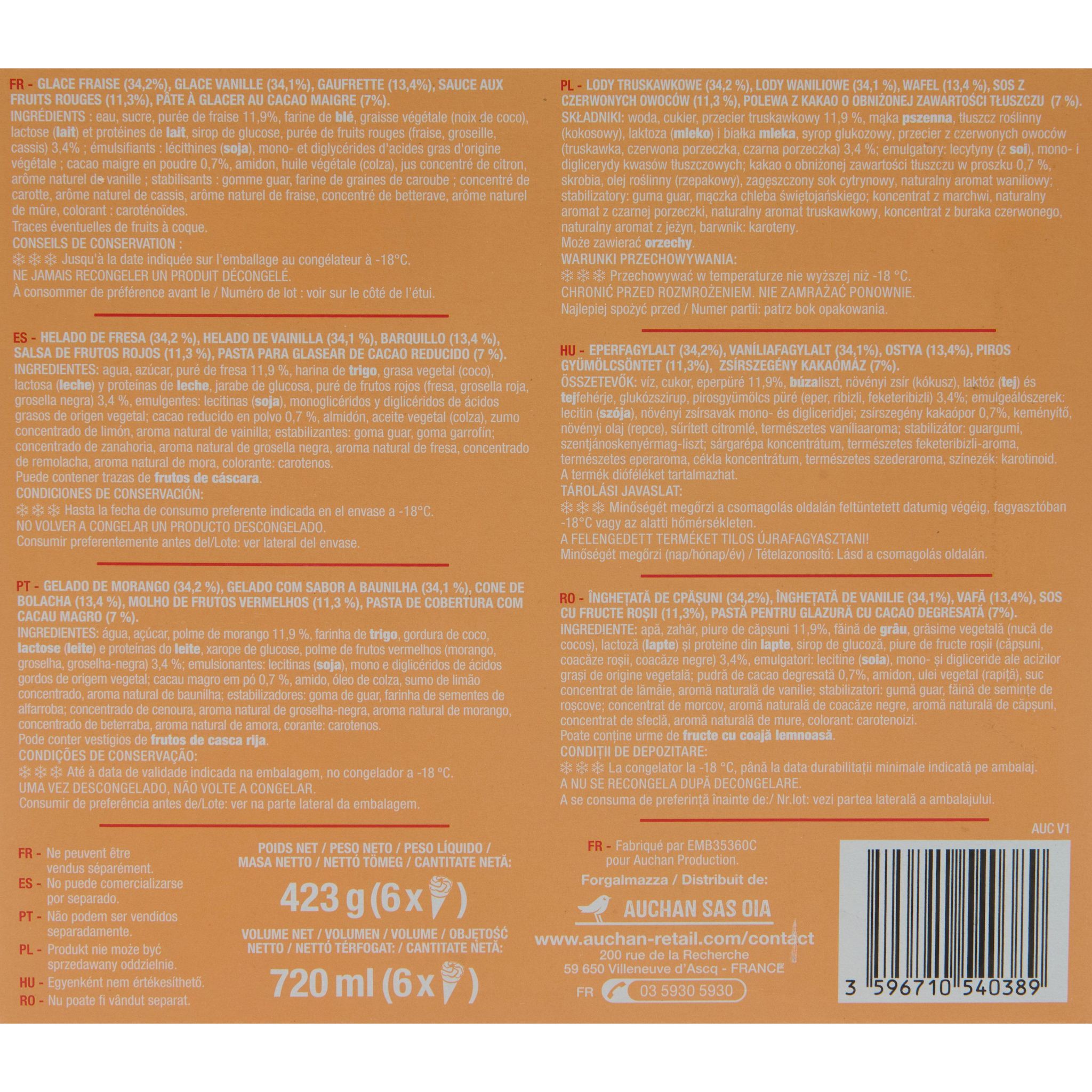 Voir la diapositive 3 : AUCHAN Cones vanille fraise 6 pieces 423g