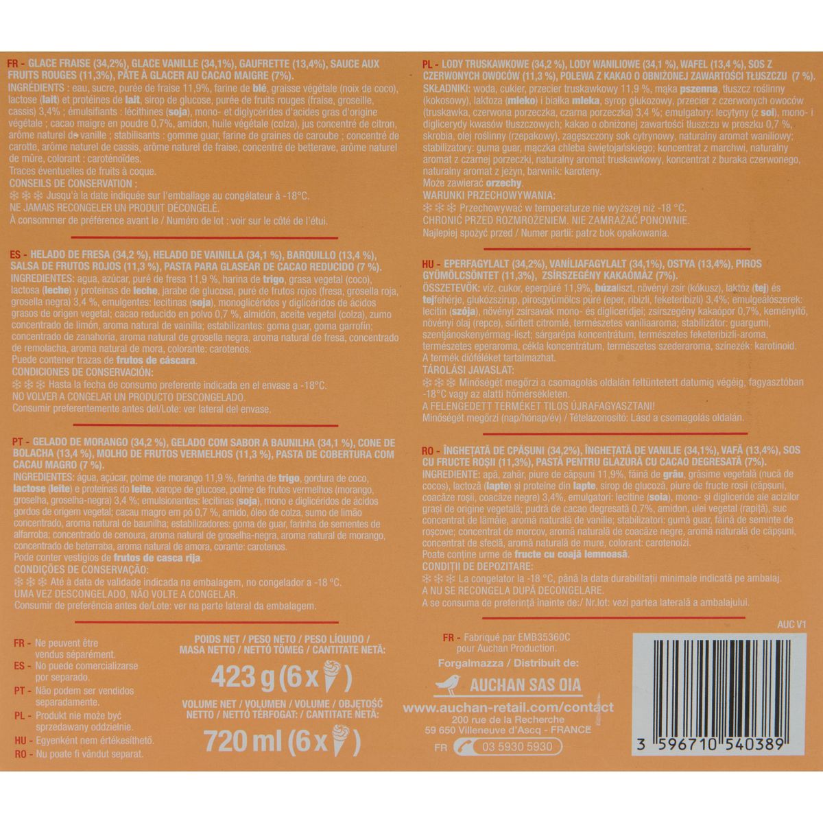 AUCHAN Cones vanille fraise 6 pieces 423g