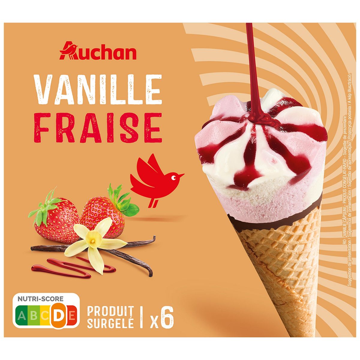 AUCHAN Cones vanille fraise 6 pieces 423g