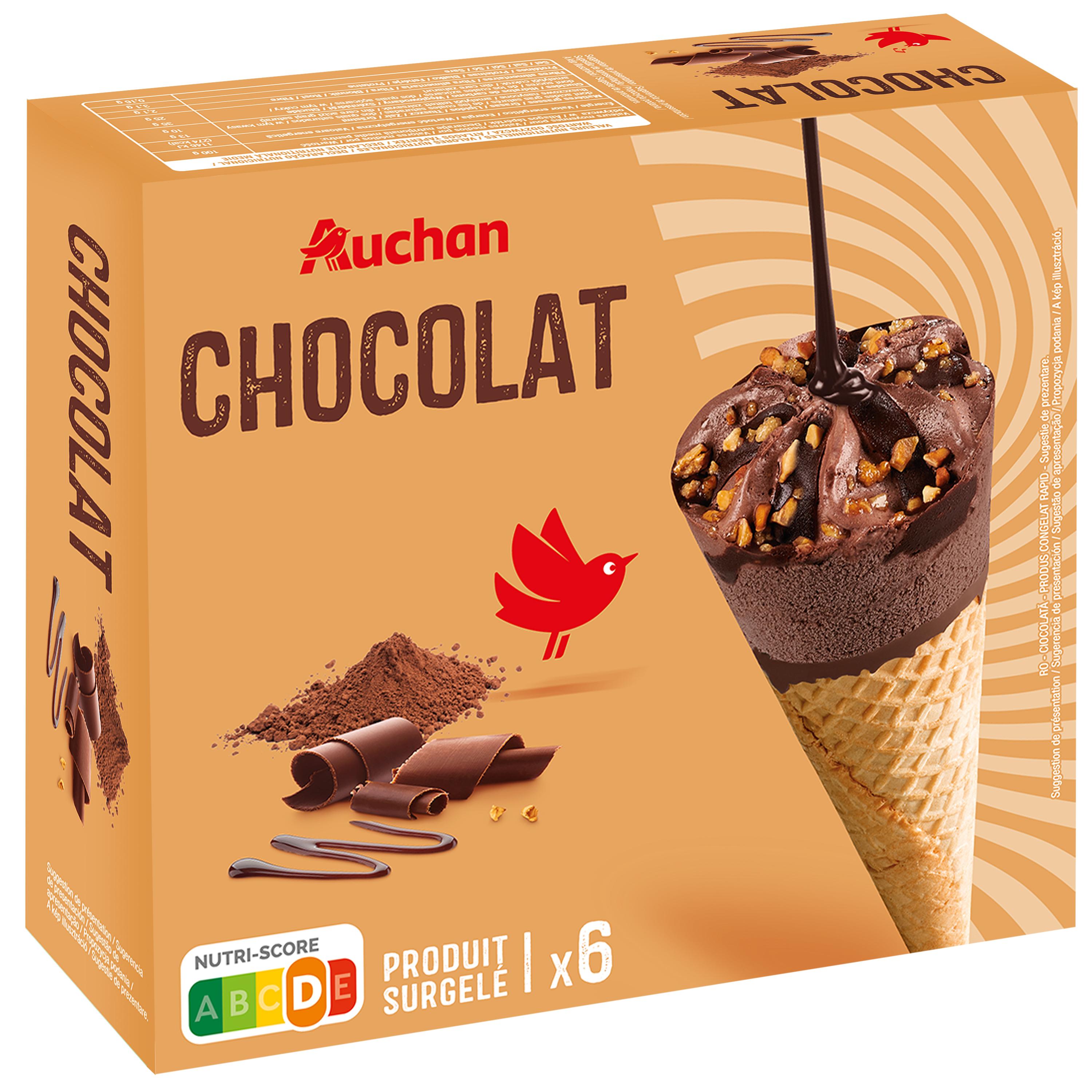 Voir la diapositive 3 : AUCHAN Cônes glacés chocolat 6 pièces 450g