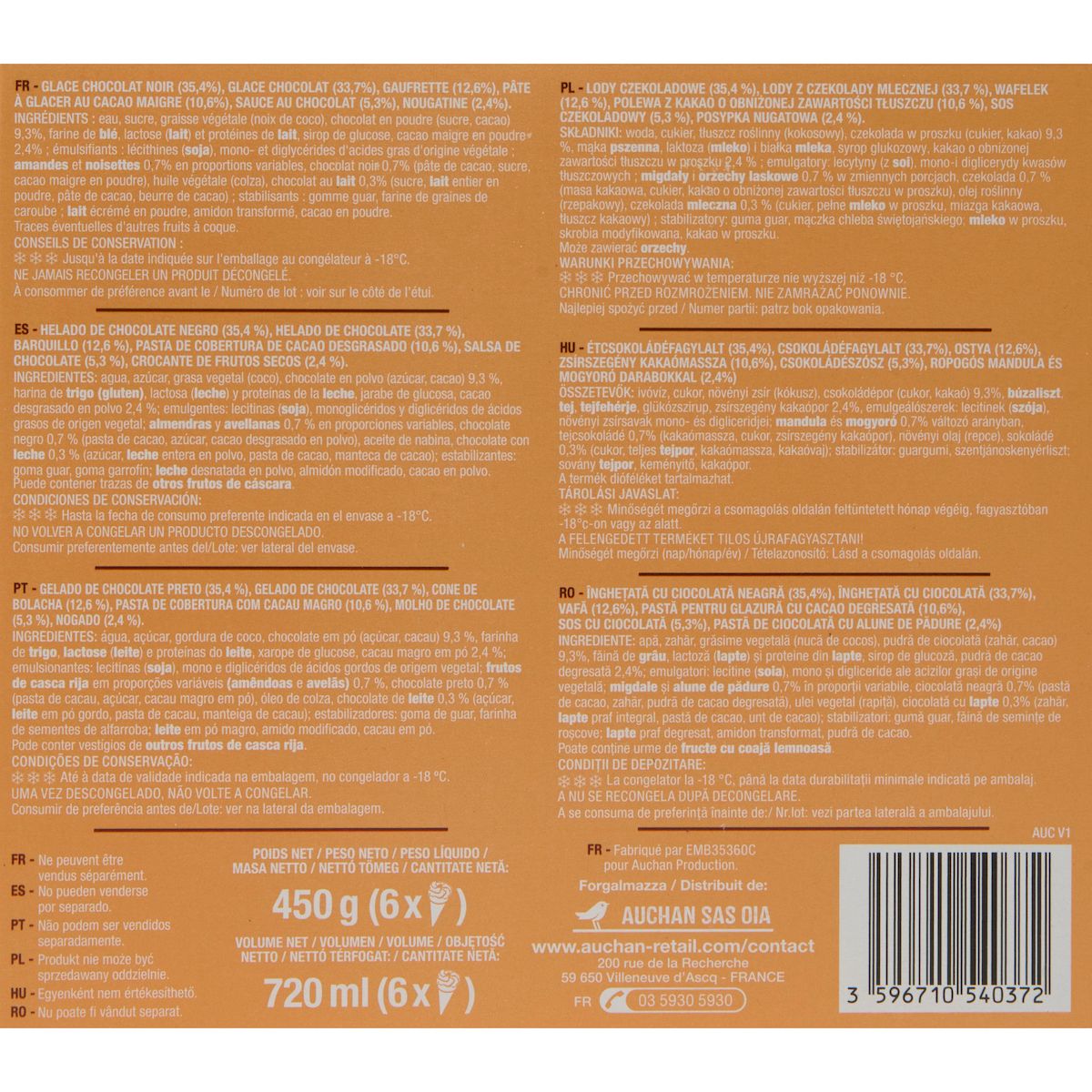 AUCHAN Cônes glacés chocolat 6 pièces 450g