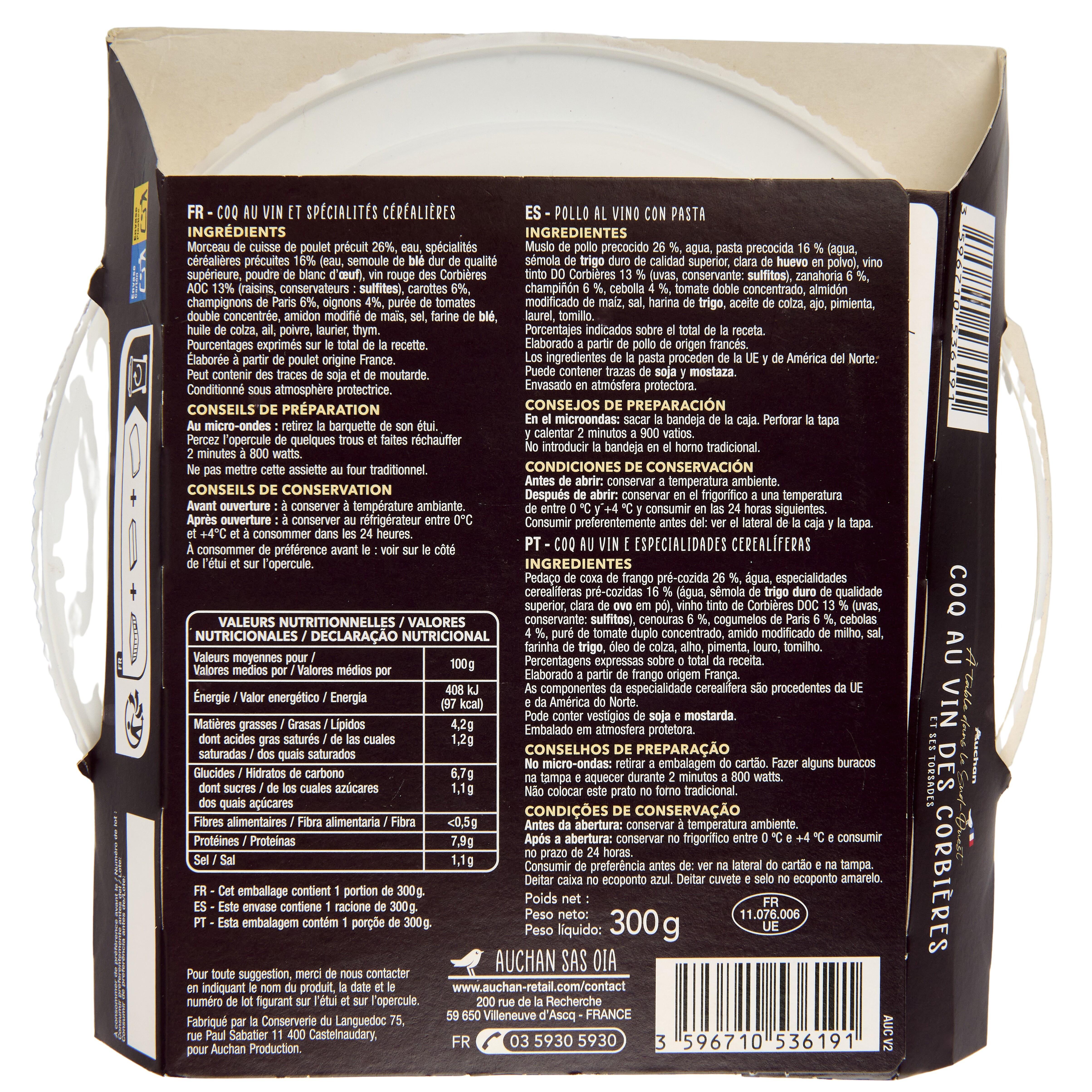 Voir la diapositive 2 : AUCHAN Coq au vin des corbières et ses torsades 1 portion 300g