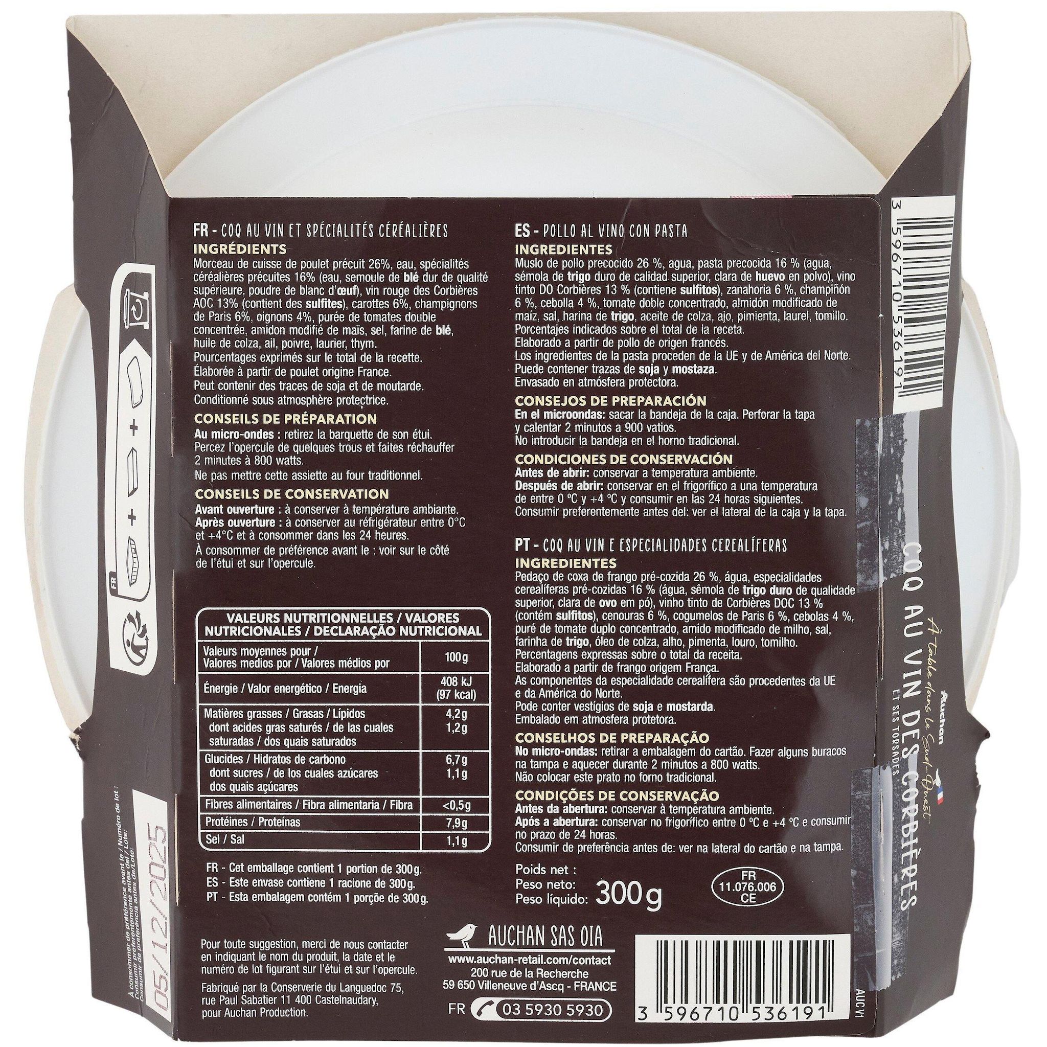 Voir la diapositive 2 : AUCHAN Coq au vin des corbières et ses torsades 300g