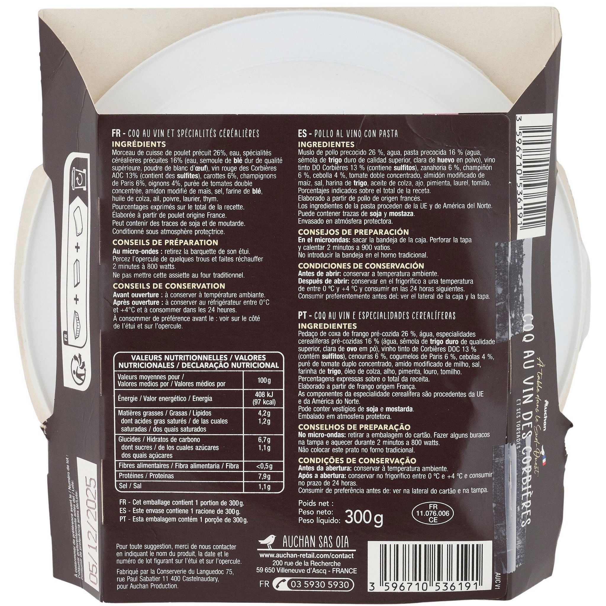 Voir la diapositive 3 : AUCHAN Coq au vin des corbières et ses torsades 300g