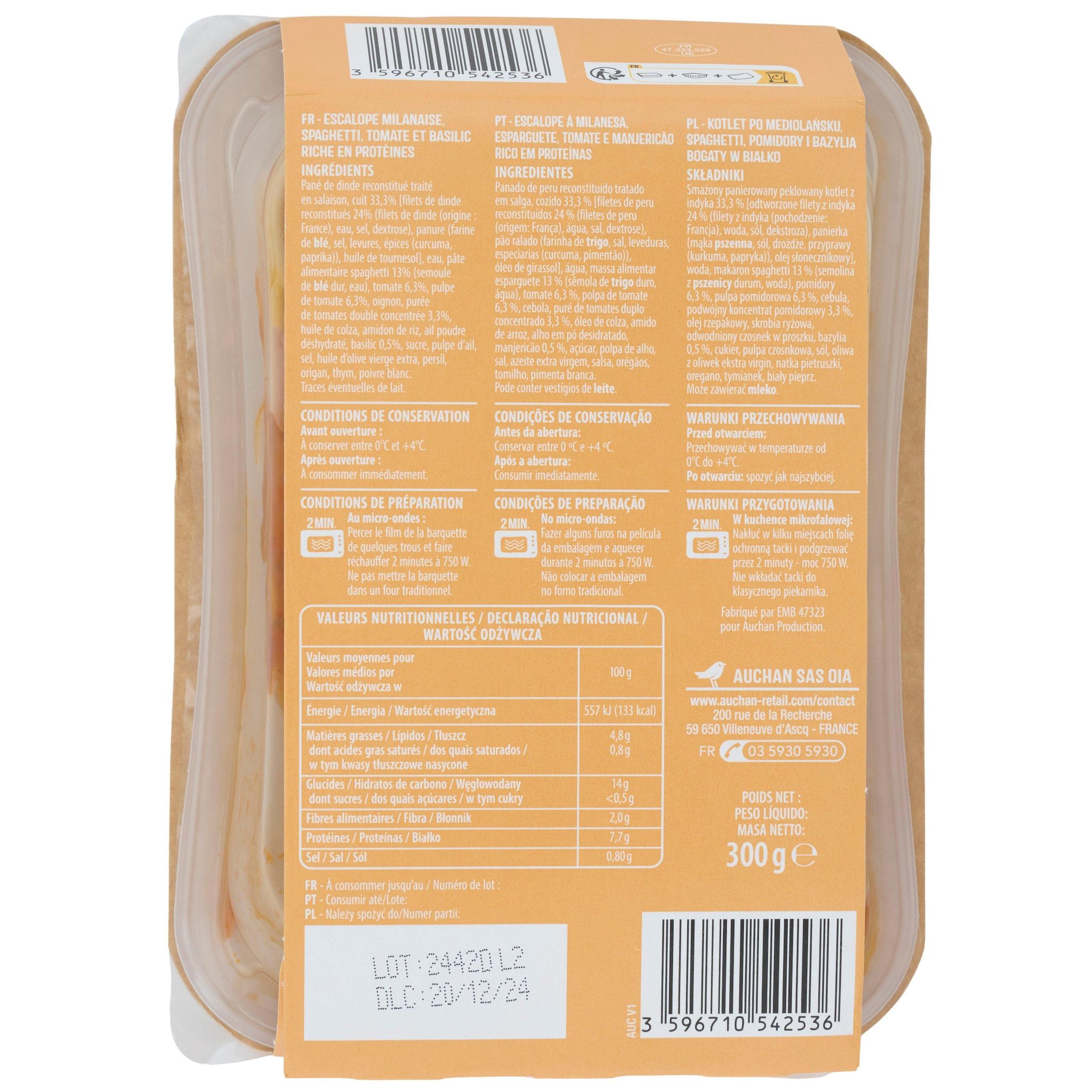 Voir la diapositive 2 : AUCHAN Escalope de dinde milanaise et spaghetti 1 part 300g