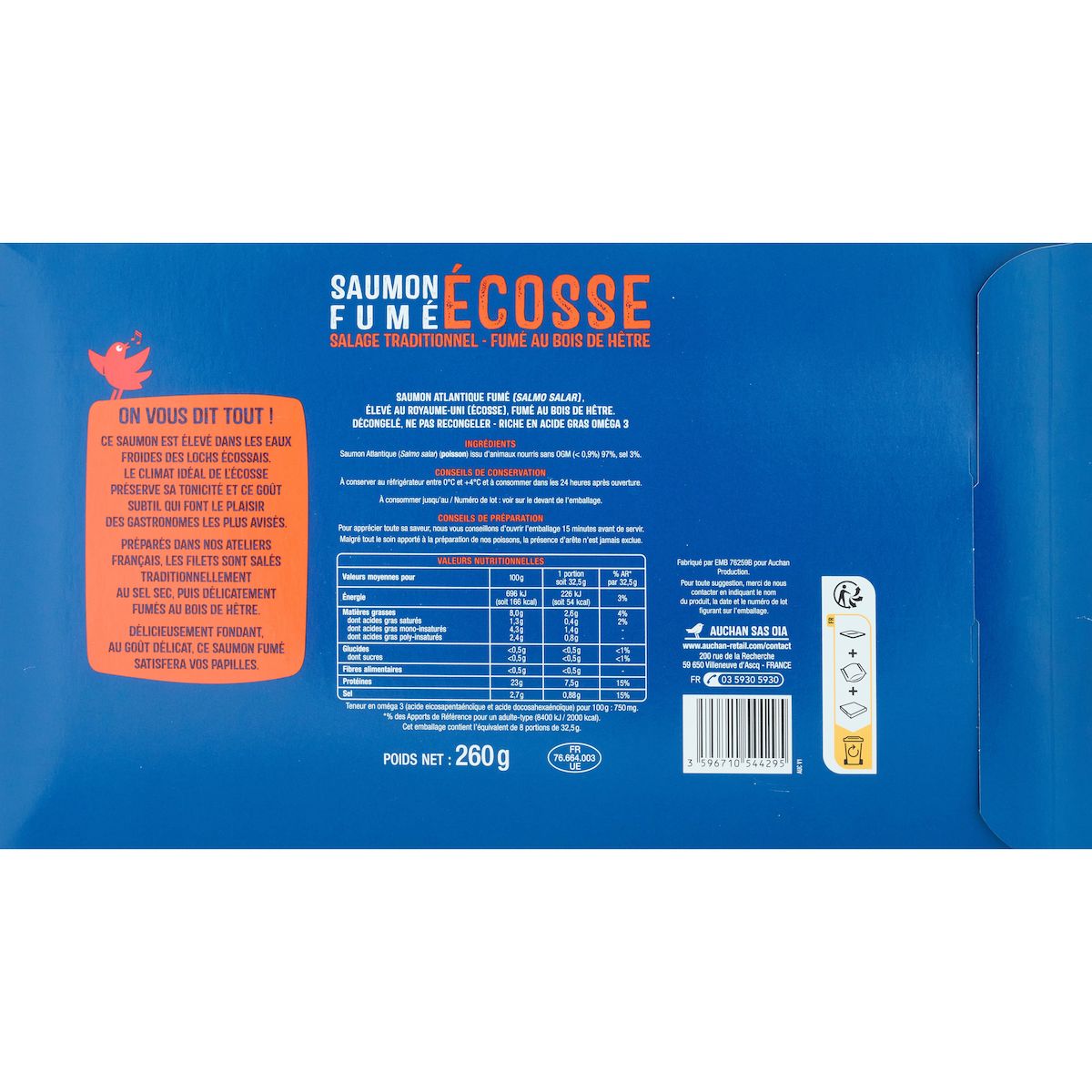 AUCHAN Saumon fumé d'Ecosse au bois de hêtre 8 tranches 260g