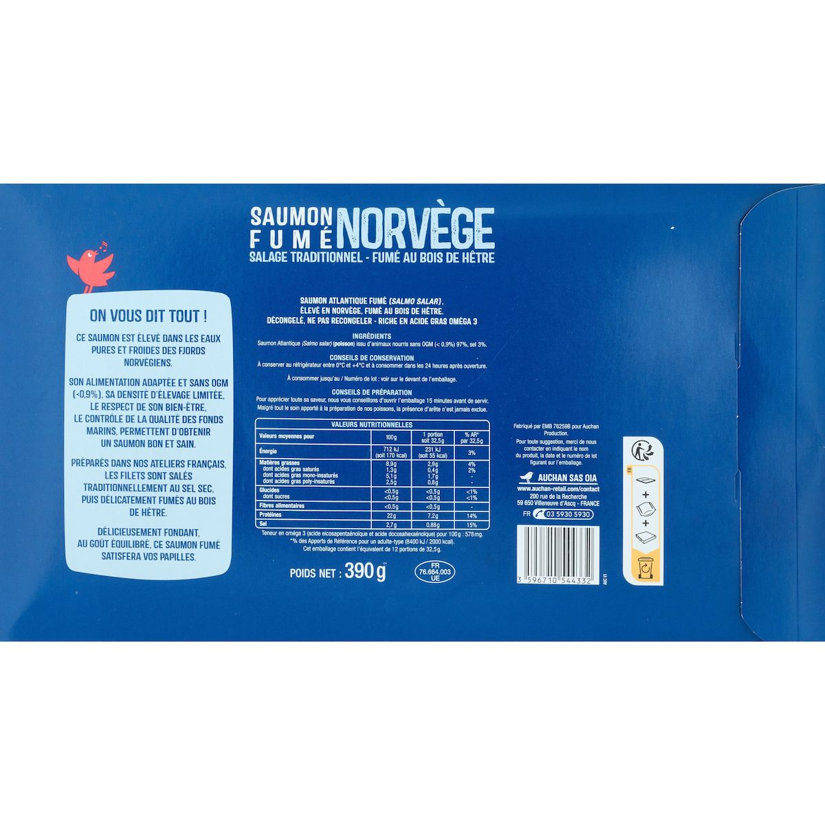 AUCHAN Saumon fumé de Norvège au bois de hêtre 12 tranches 390g