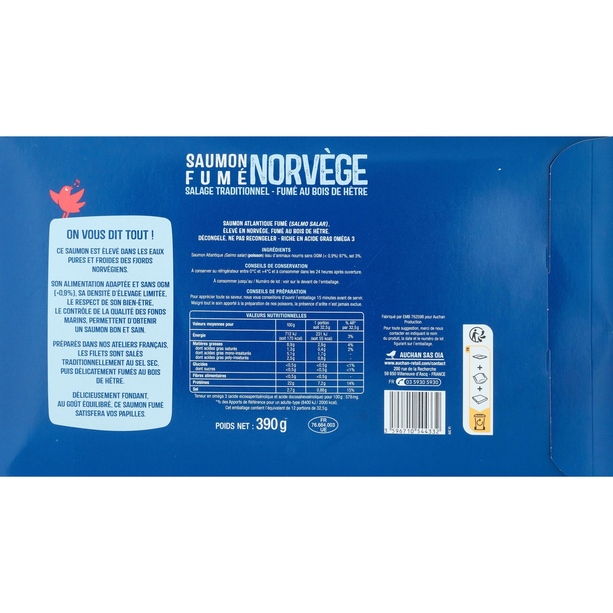 Voir la diapositive 4 : AUCHAN Saumon fumé de Norvège au bois de hêtre 12 tranches 390g