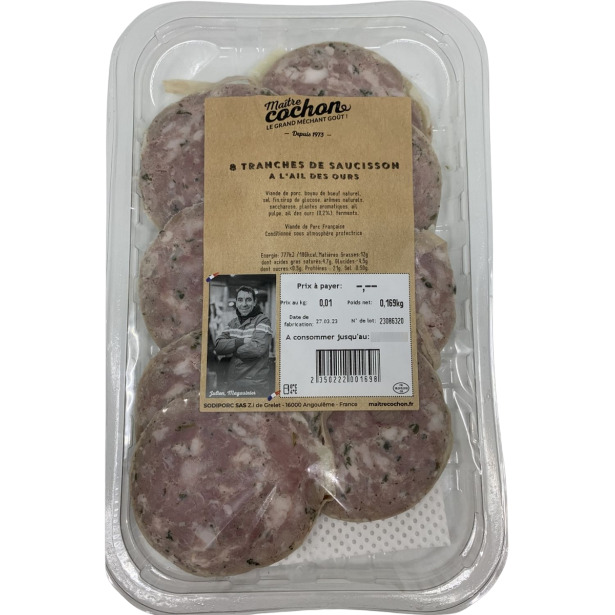 MAITRE COCHON Saucisson à l'ail des ours en tranches 8 tranches 160g