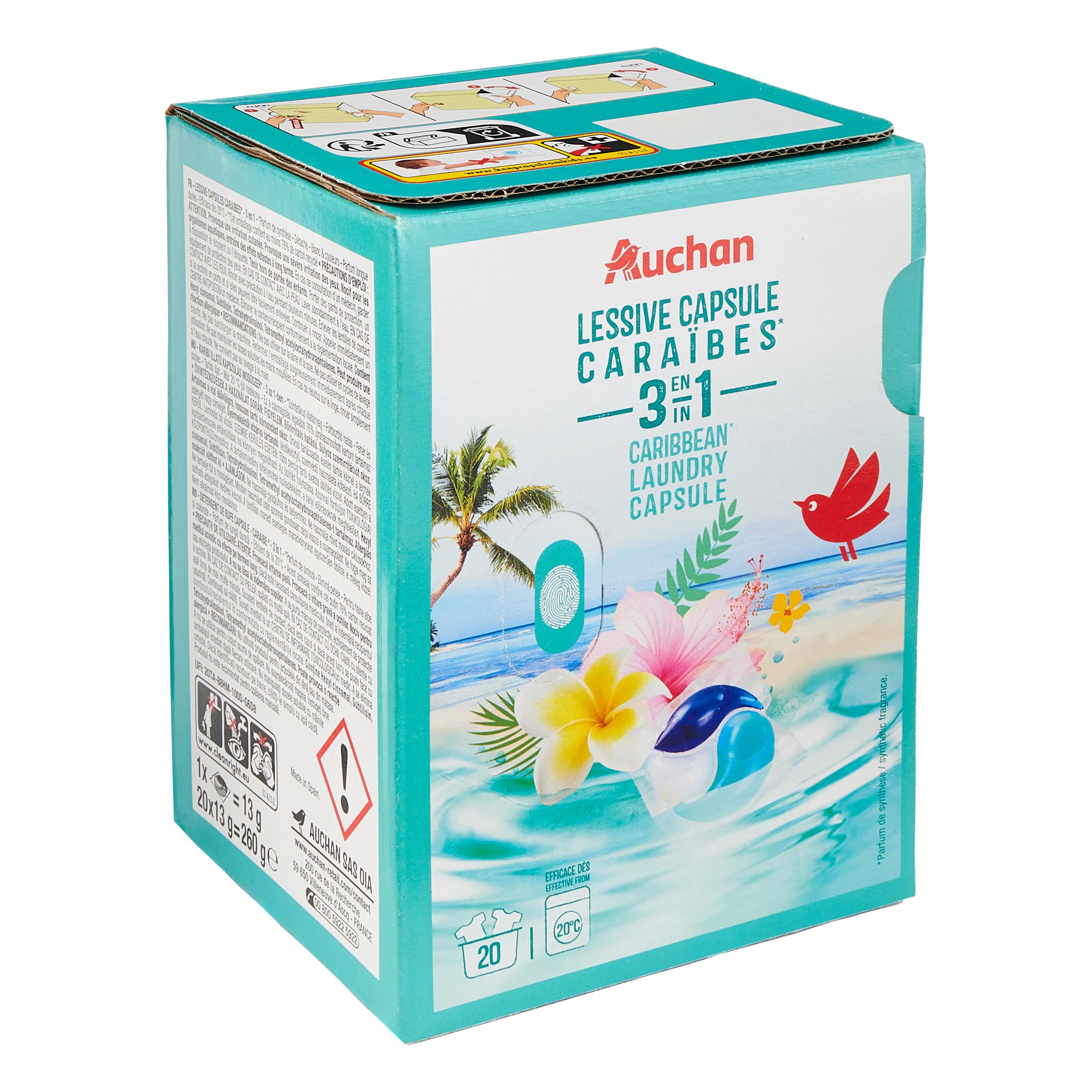 Voir la diapositive 2 : AUCHAN Lessive capsules 3en1 caribbean laudry 20 lavages 20 capsules