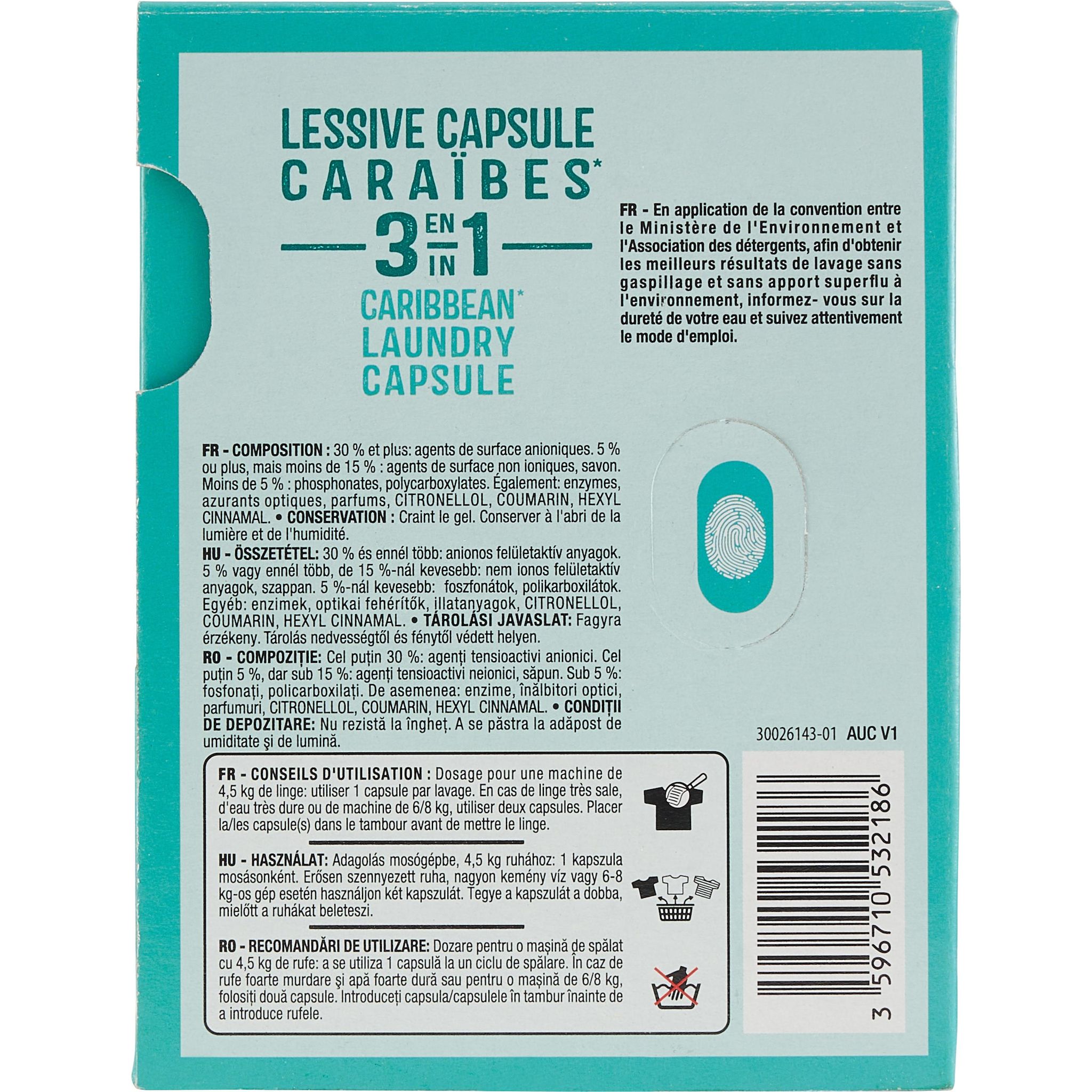 Voir la diapositive 2 : AUCHAN Lessive capsules 3en1 caribbean laudry 20 capsules 290g