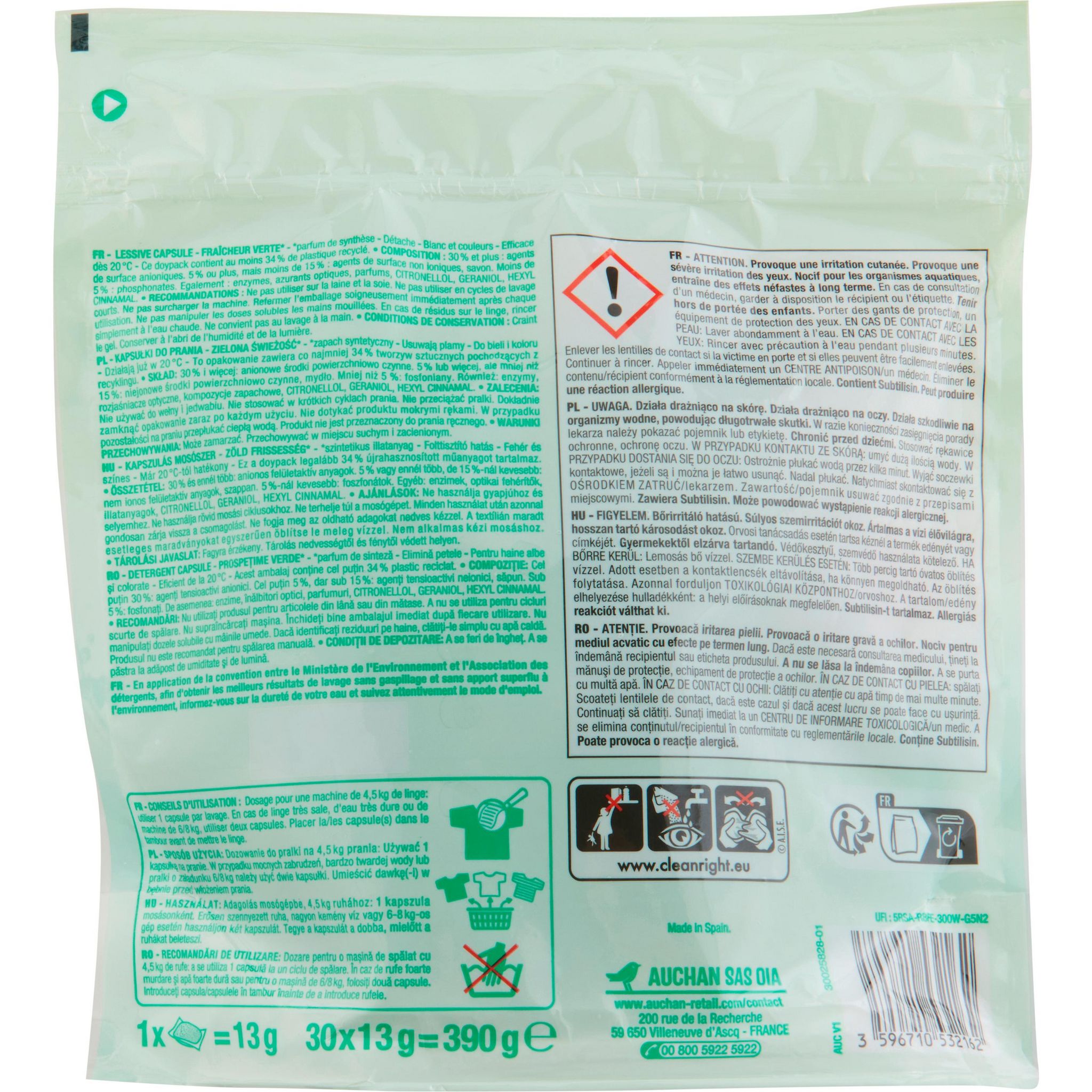 Voir la diapositive 2 : AUCHAN Lessive capsules fraîcheur verte 30 caspules 390g