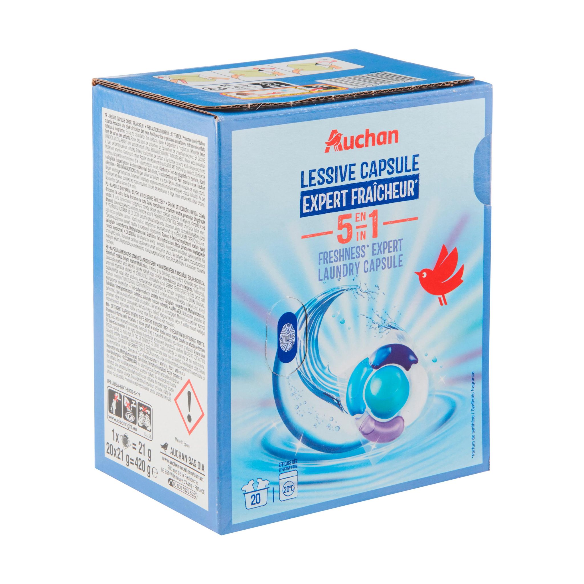Voir la diapositive 2 : AUCHAN Lessive capsules expert fraîcheur 5en1 20 capsules 420g