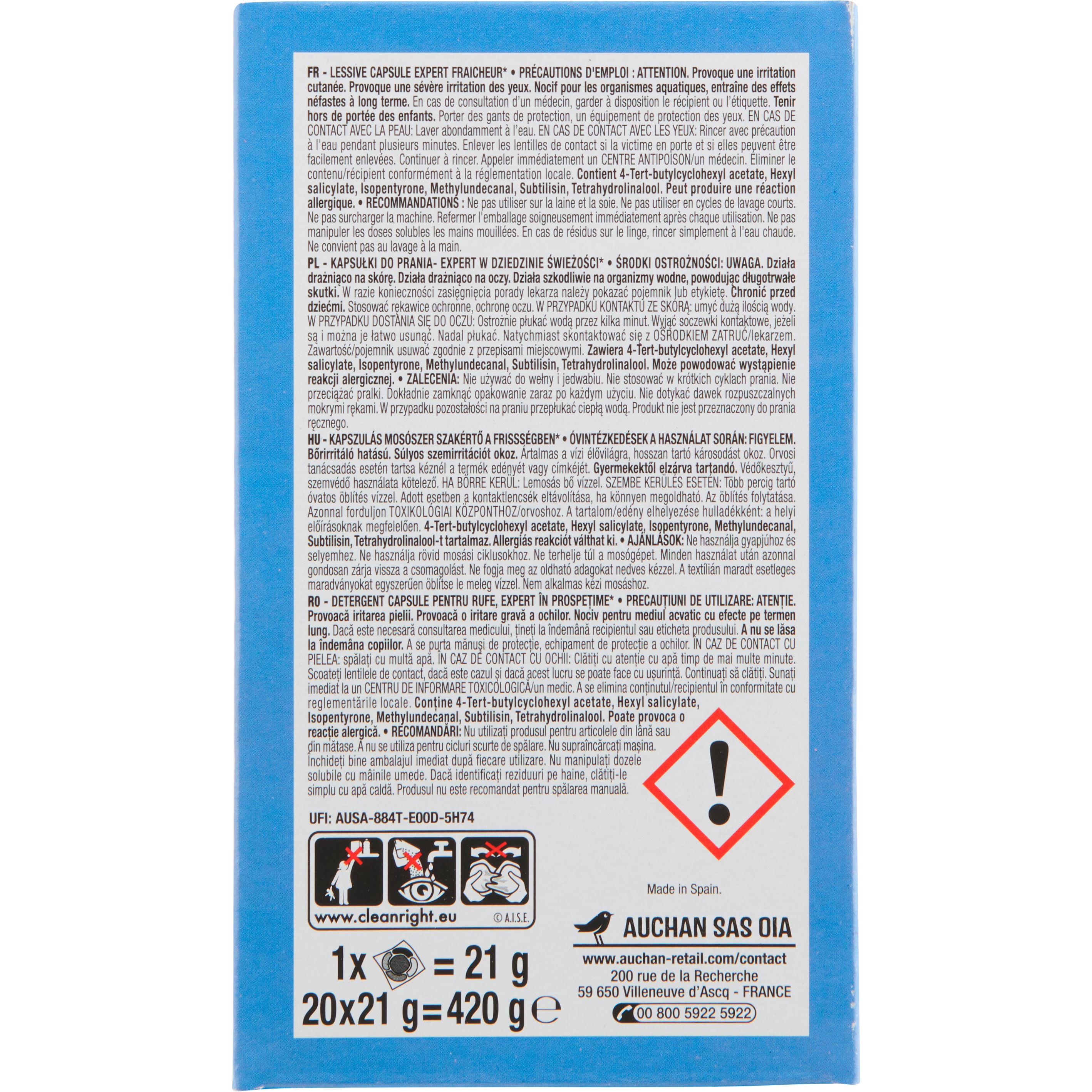 Voir la diapositive 3 : AUCHAN Lessive capsules expert fraîcheur 5en1 20 lavages 20 capsules