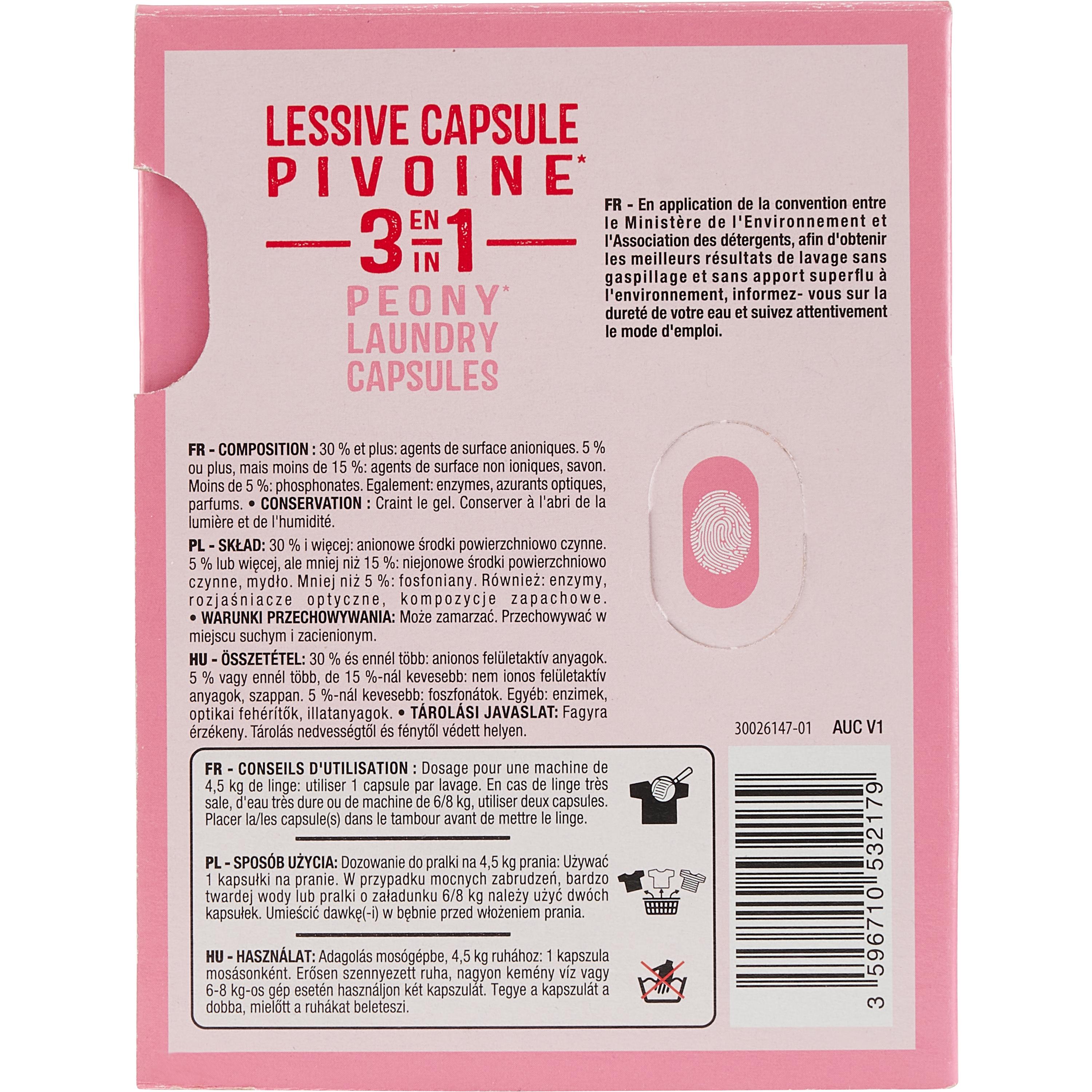 Voir la diapositive 2 : AUCHAN Lessive capsules 3en1 pivoine 20 lavages 20 capsules