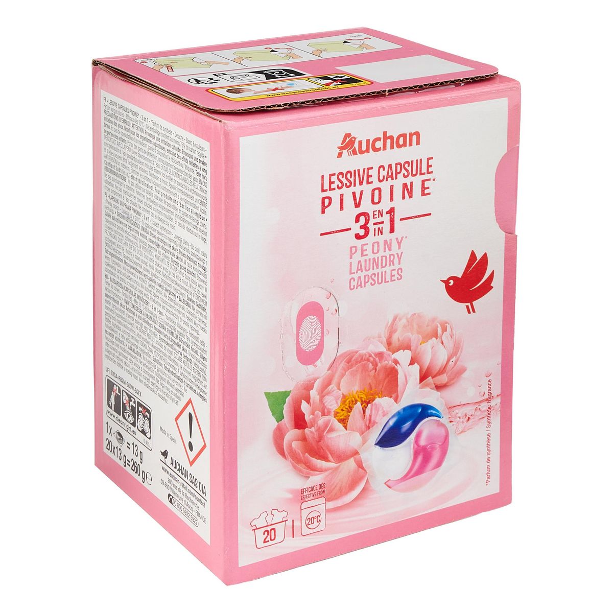 AUCHAN Lessive capsules 3en1 pivoine 20 capsules 260g