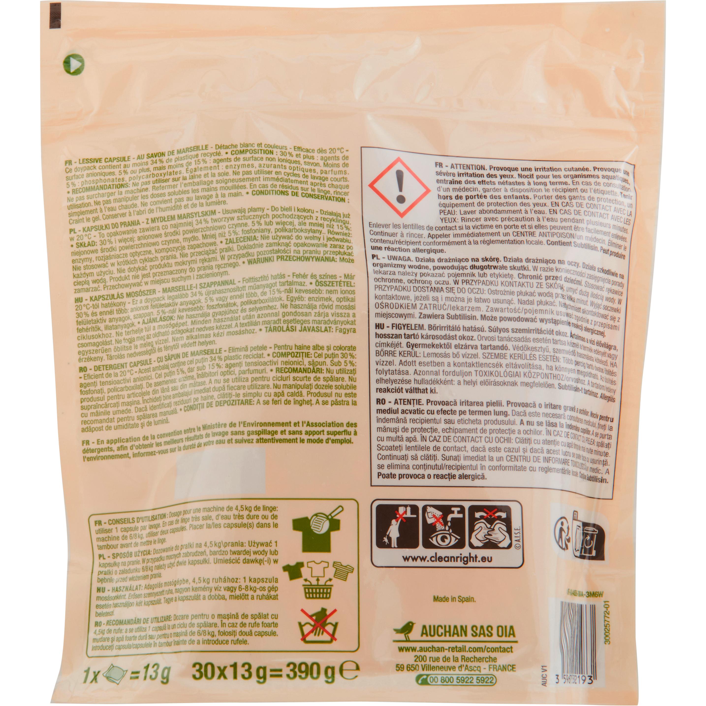 Voir la diapositive 3 : AUCHAN Lessive capsules au savon de Marseille 30 lavages 30 capsules