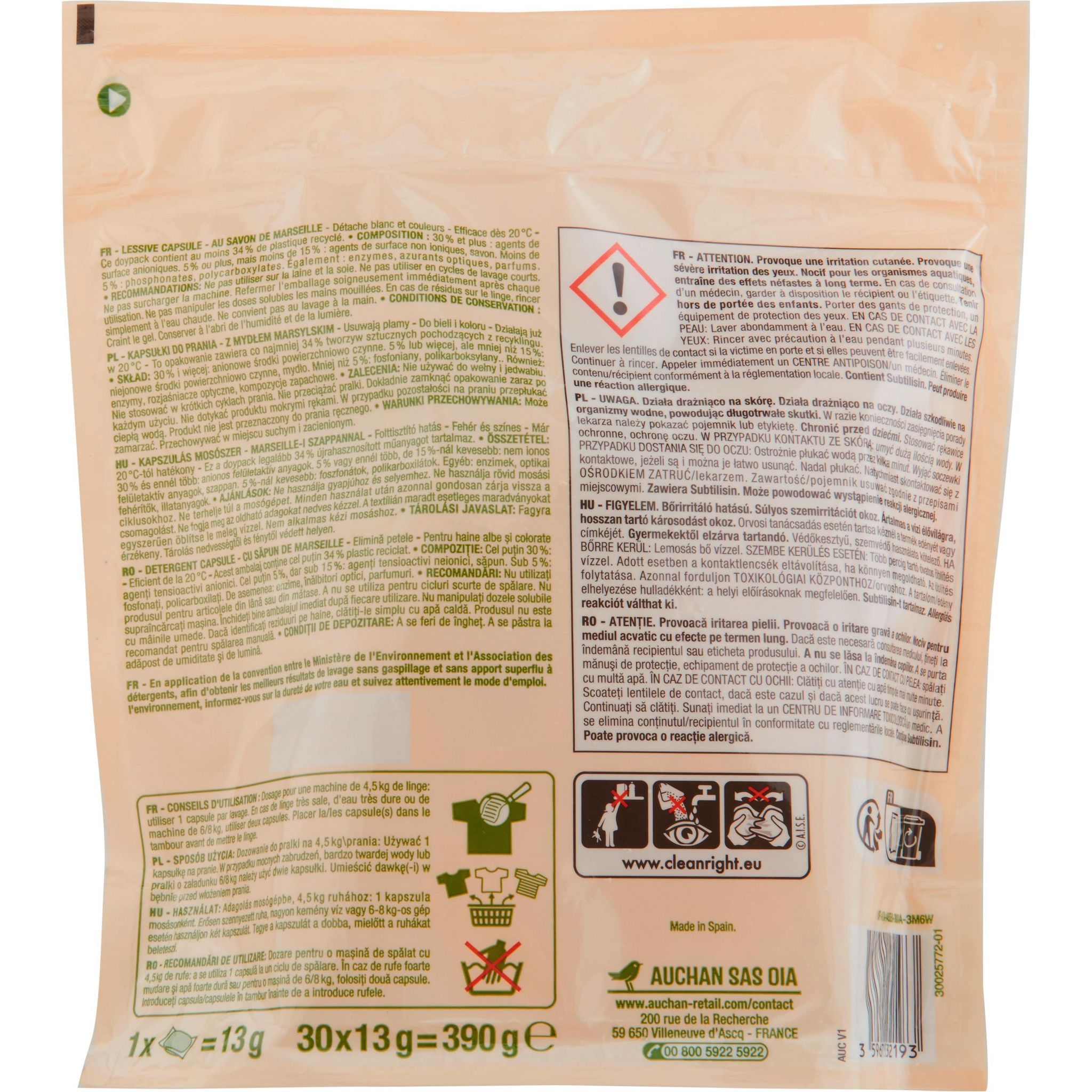 Voir la diapositive 3 : AUCHAN Lessive capsules au savon de Marseille 30 capsules 390g