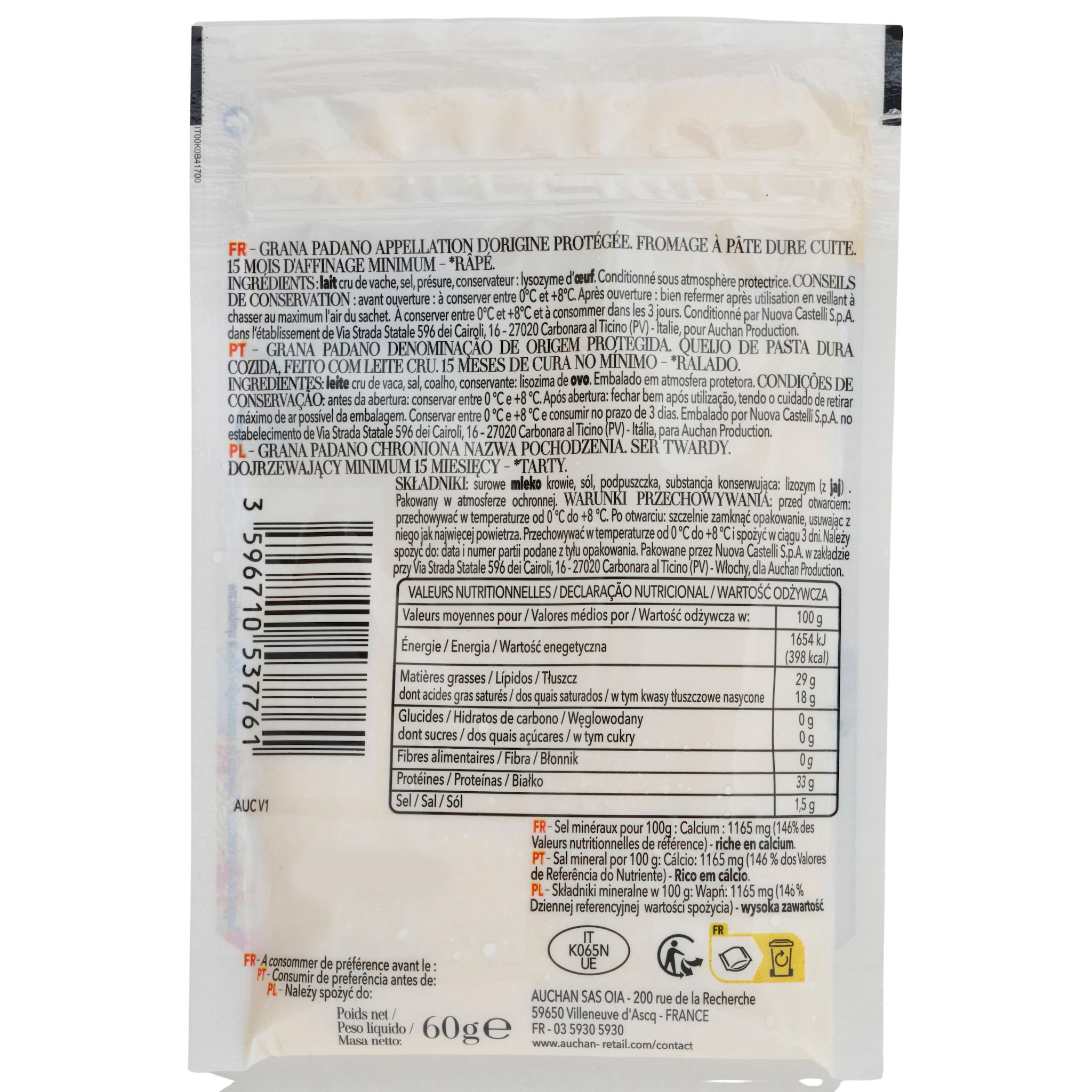 Voir la diapositive 3 : AUCHAN TAVOLA IN ITALIA Grana Padano Grattugiato AOP 60g