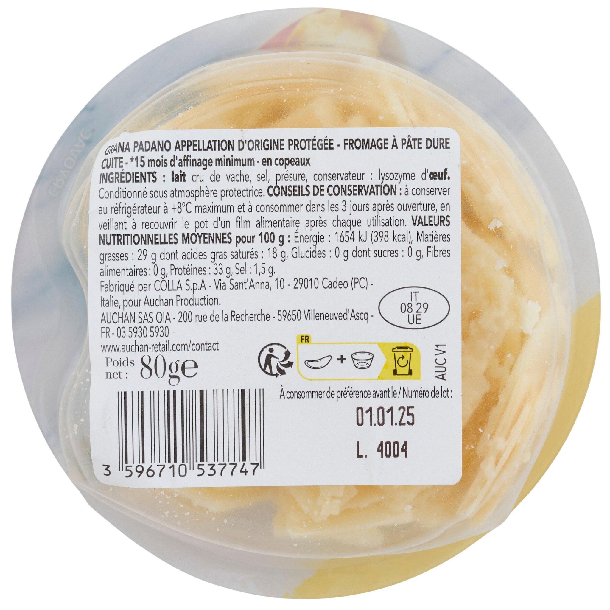Voir la diapositive 3 : AUCHAN TAVOLA IN ITALIA Grana Padano Scaglie AOP copeaux 15 mois 80g