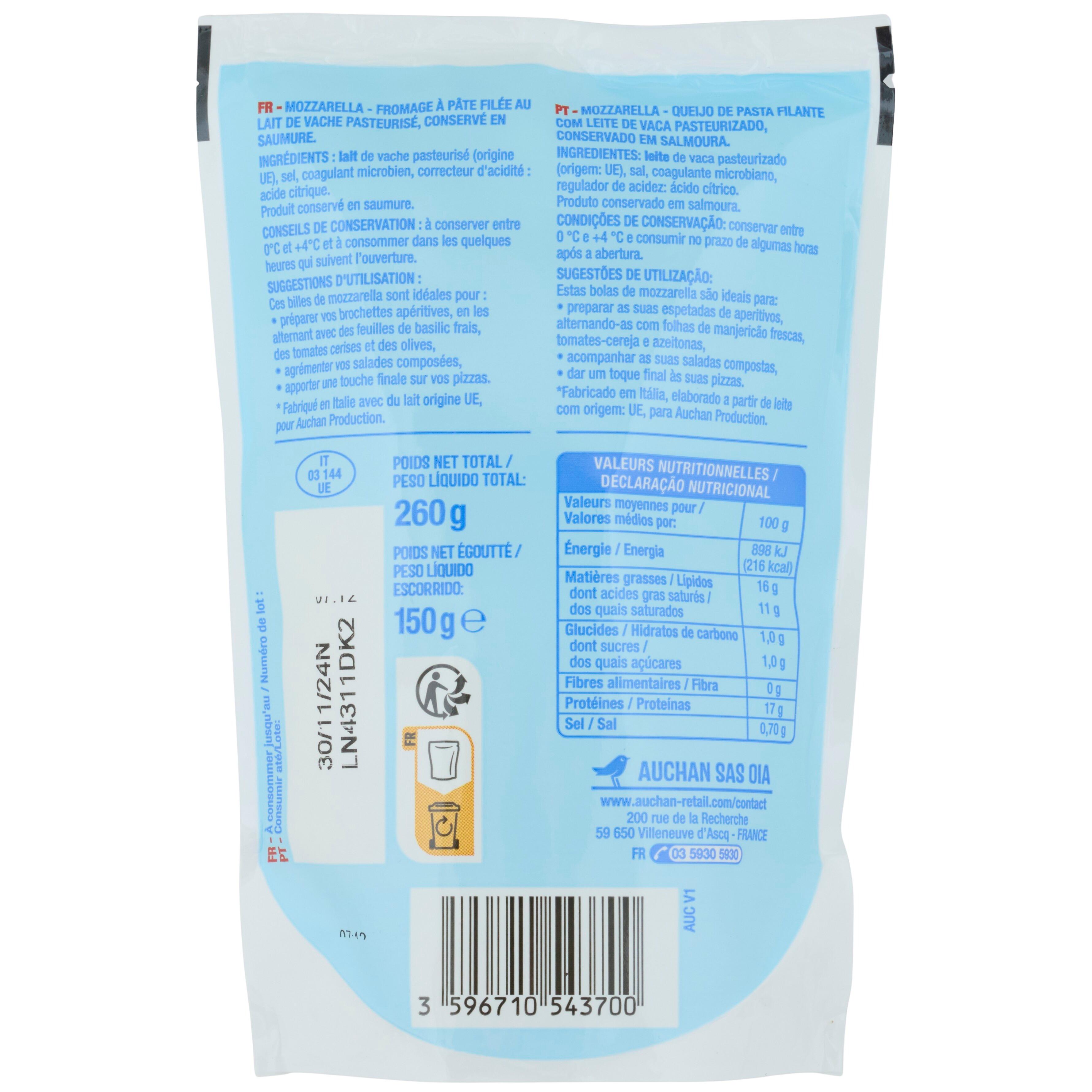 Voir la diapositive 2 : AUCHAN Mini Mozzarella 16 pièces 150g